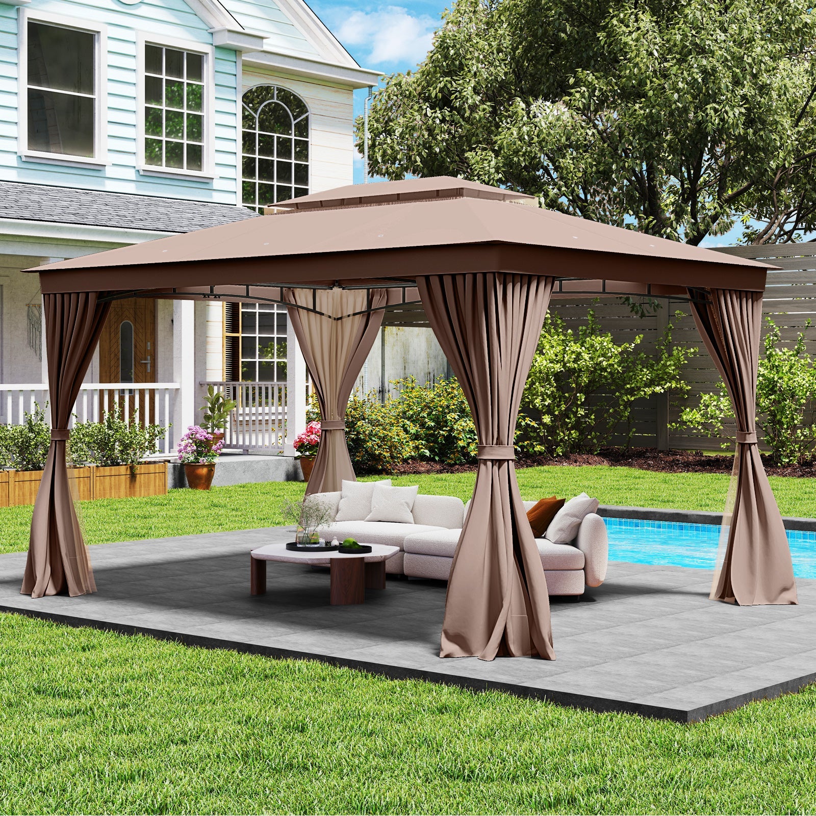 Double-Roof Outdoor Gazebo with Netting, Privacy Curtains and Ground Stakes