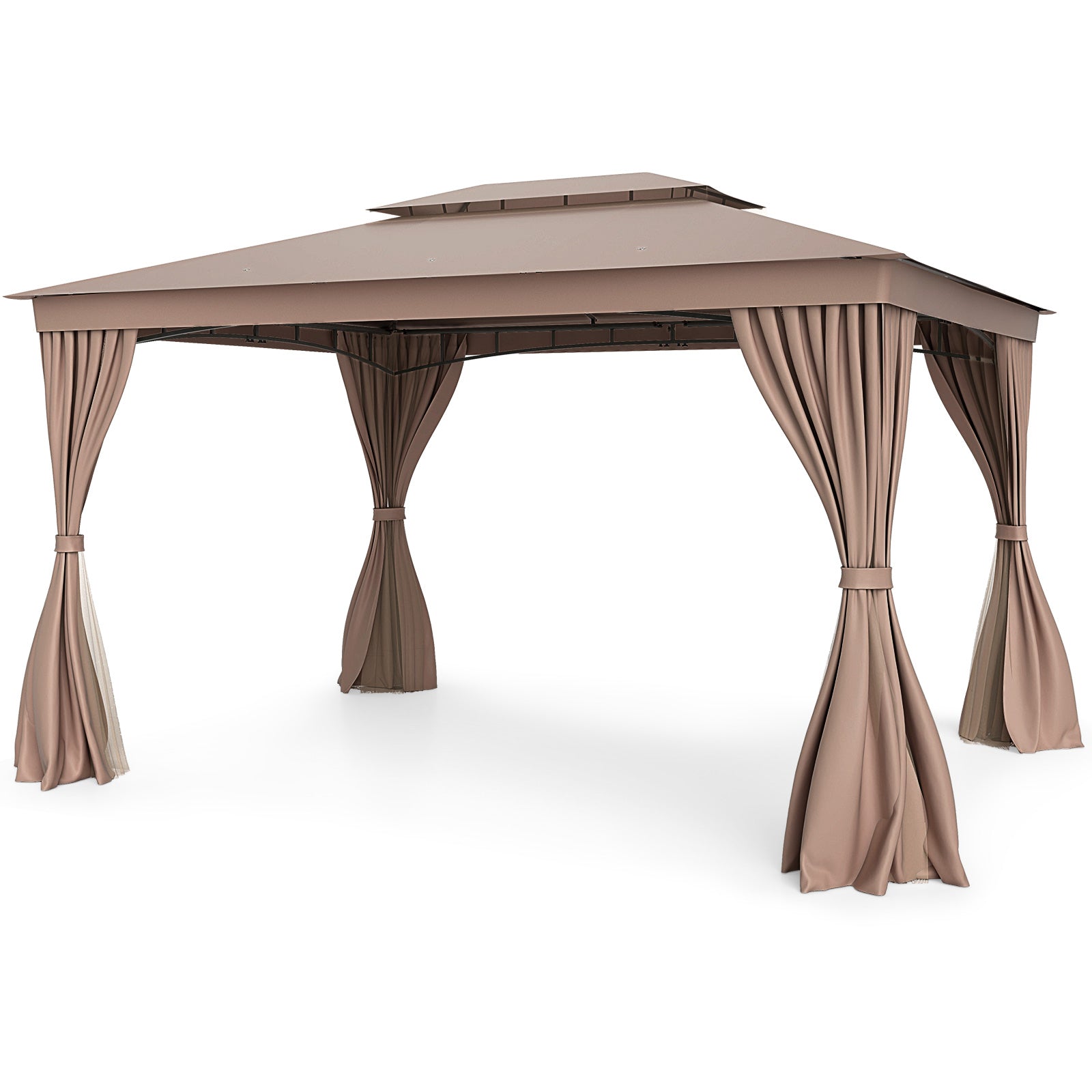 Double-Roof Outdoor Gazebo with Netting, Privacy Curtains and Ground Stakes