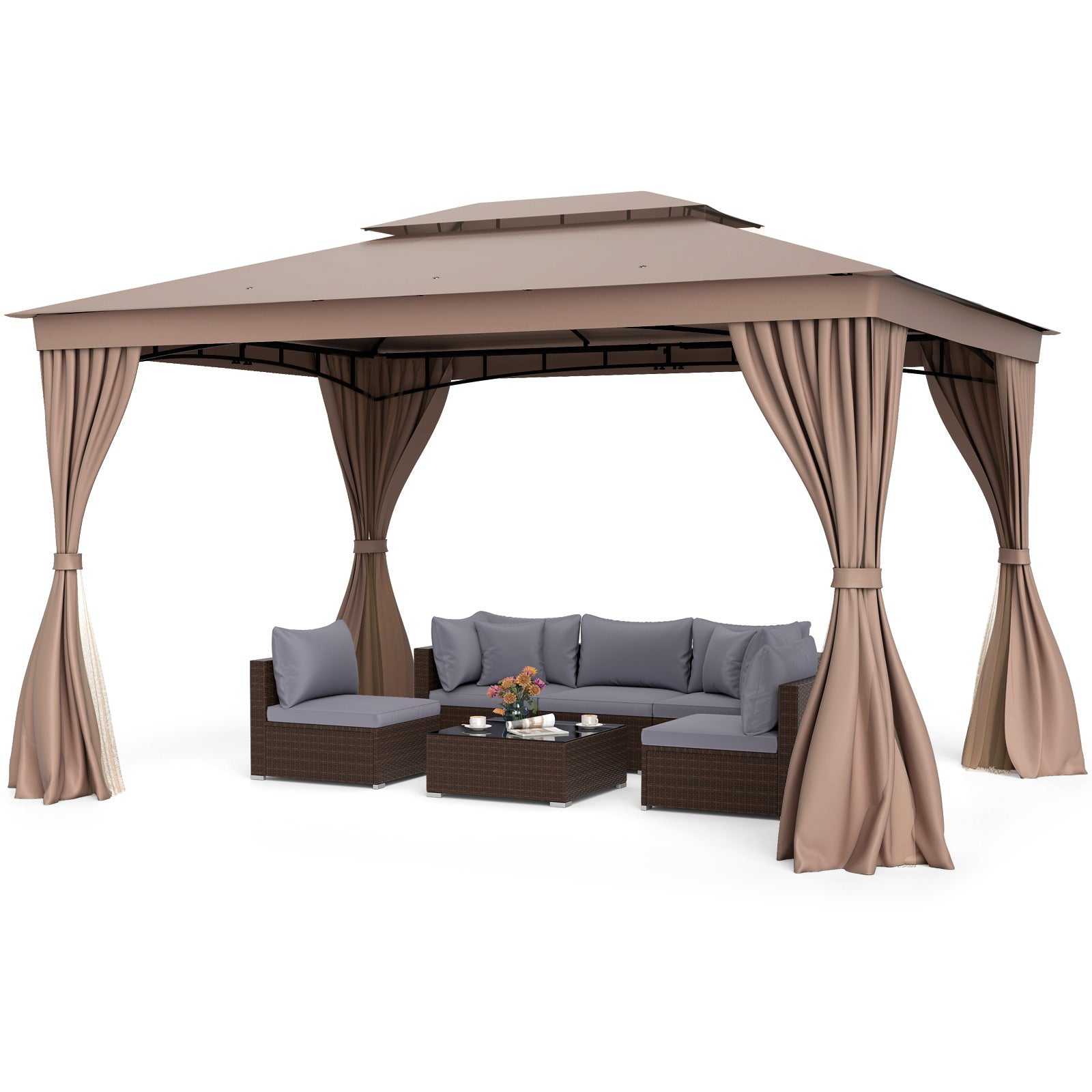 Double-Roof Outdoor Gazebo with Netting, Privacy Curtains and Ground Stakes