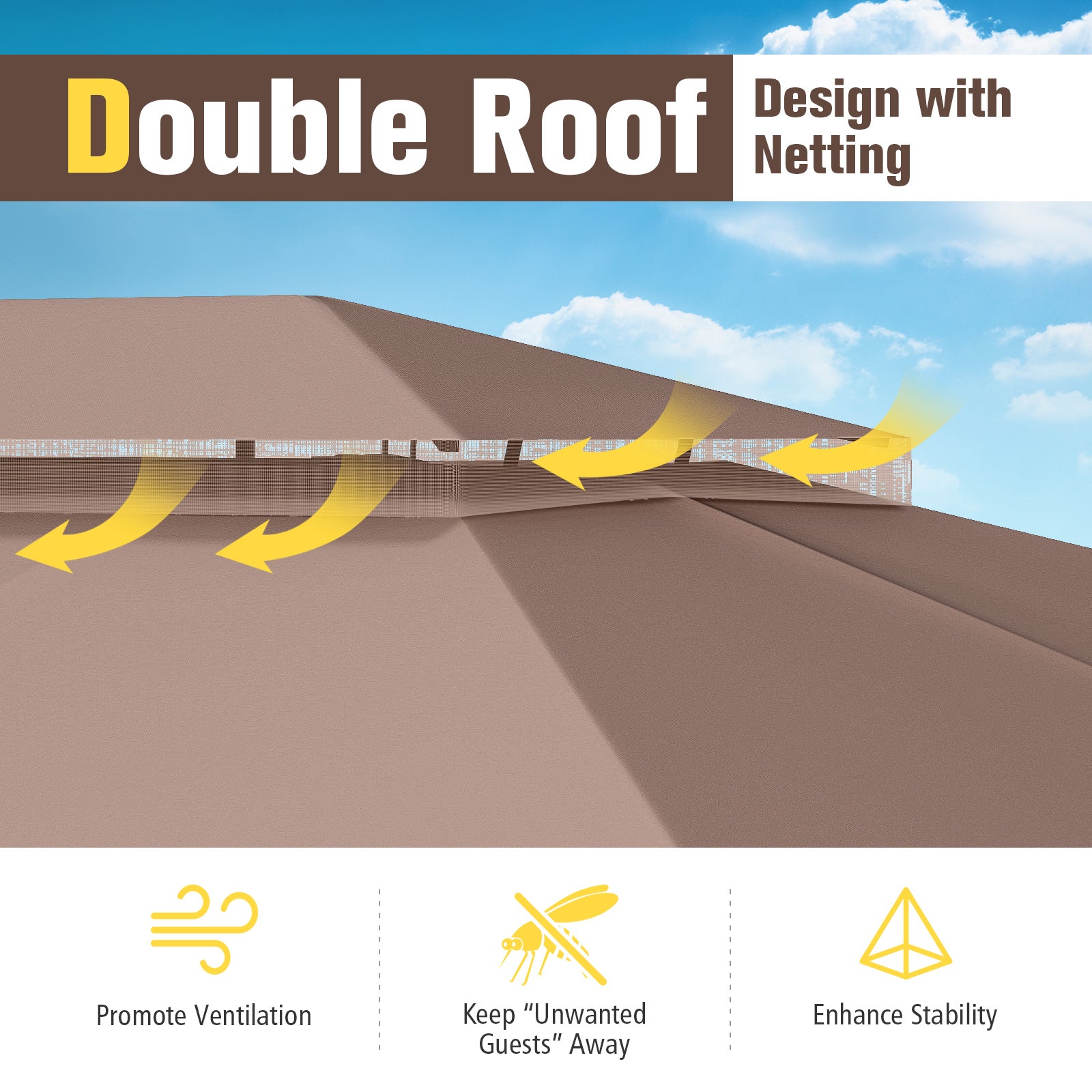 Double-Roof Outdoor Gazebo with Netting, Privacy Curtains and Ground Stakes