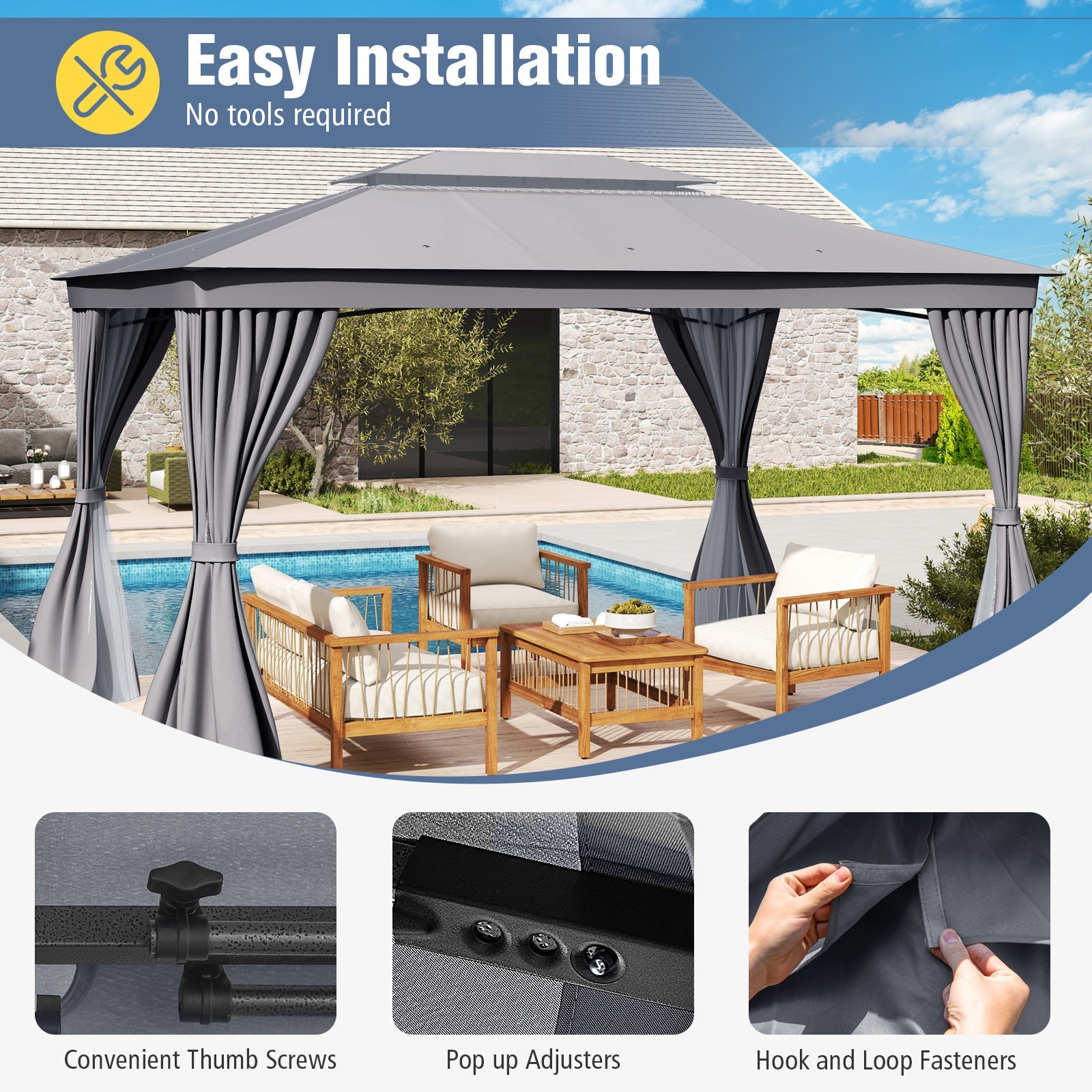 Double-Roof Outdoor Gazebo with Netting, Privacy Curtains and Ground Stakes