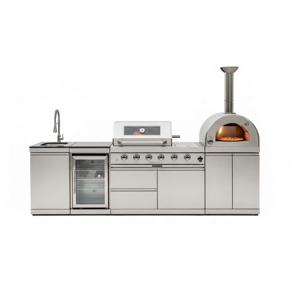 112-Inch 4-Burner 108K BTU Outdoor Kitchen Island With Pizza Oven, Rotisserie & Refrigerator (SAK94565)