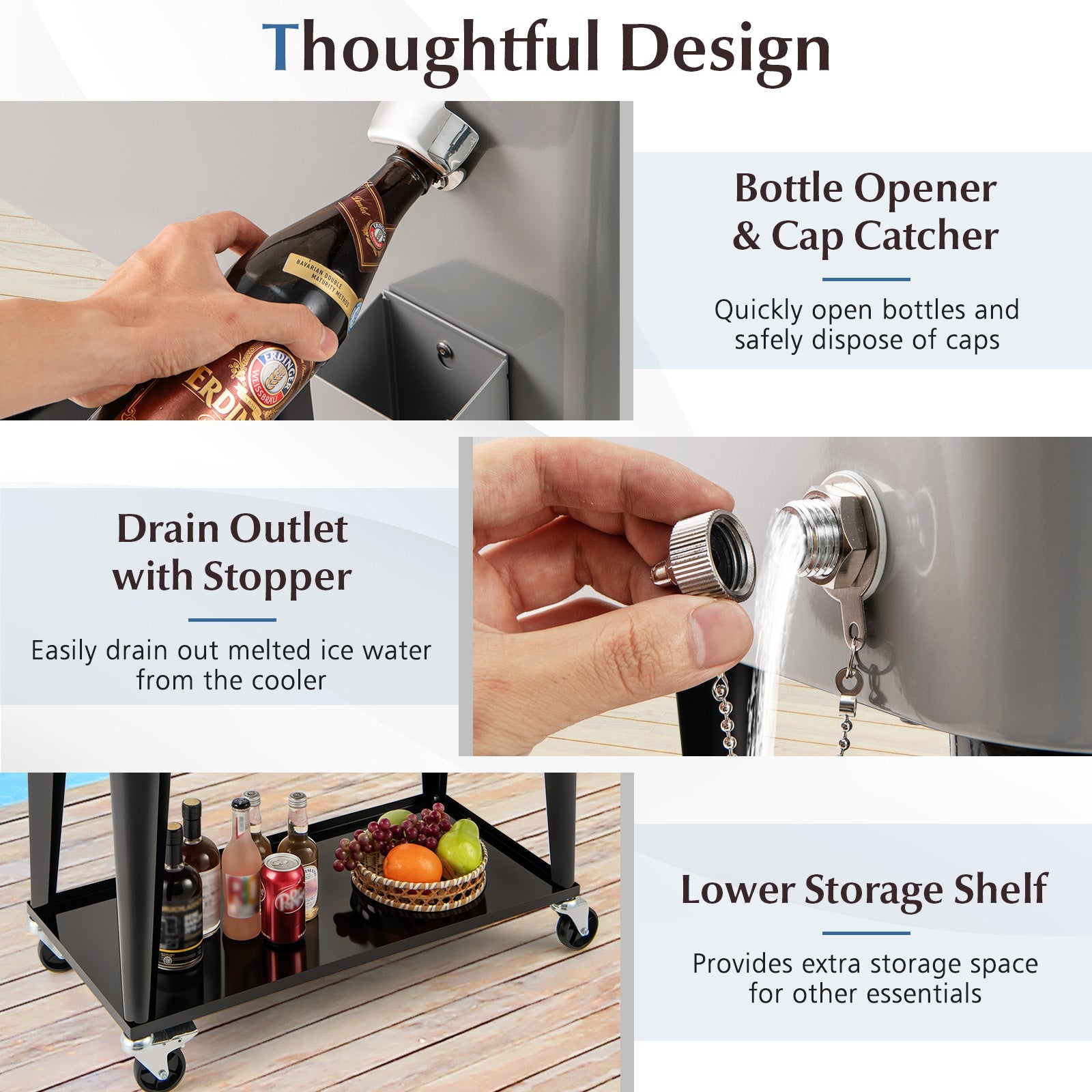 80-Quart Rolling Patio Cooler Cart with Wheels, Shelf and Bottle Opener