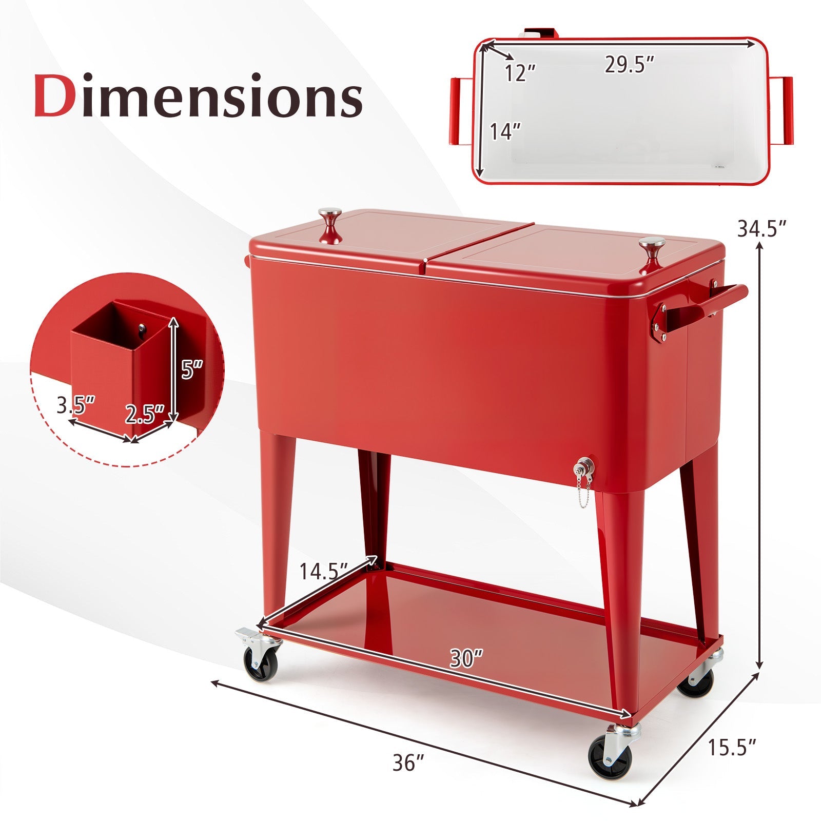 80-Quart Rolling Patio Cooler Cart with Wheels, Shelf and Bottle Opener