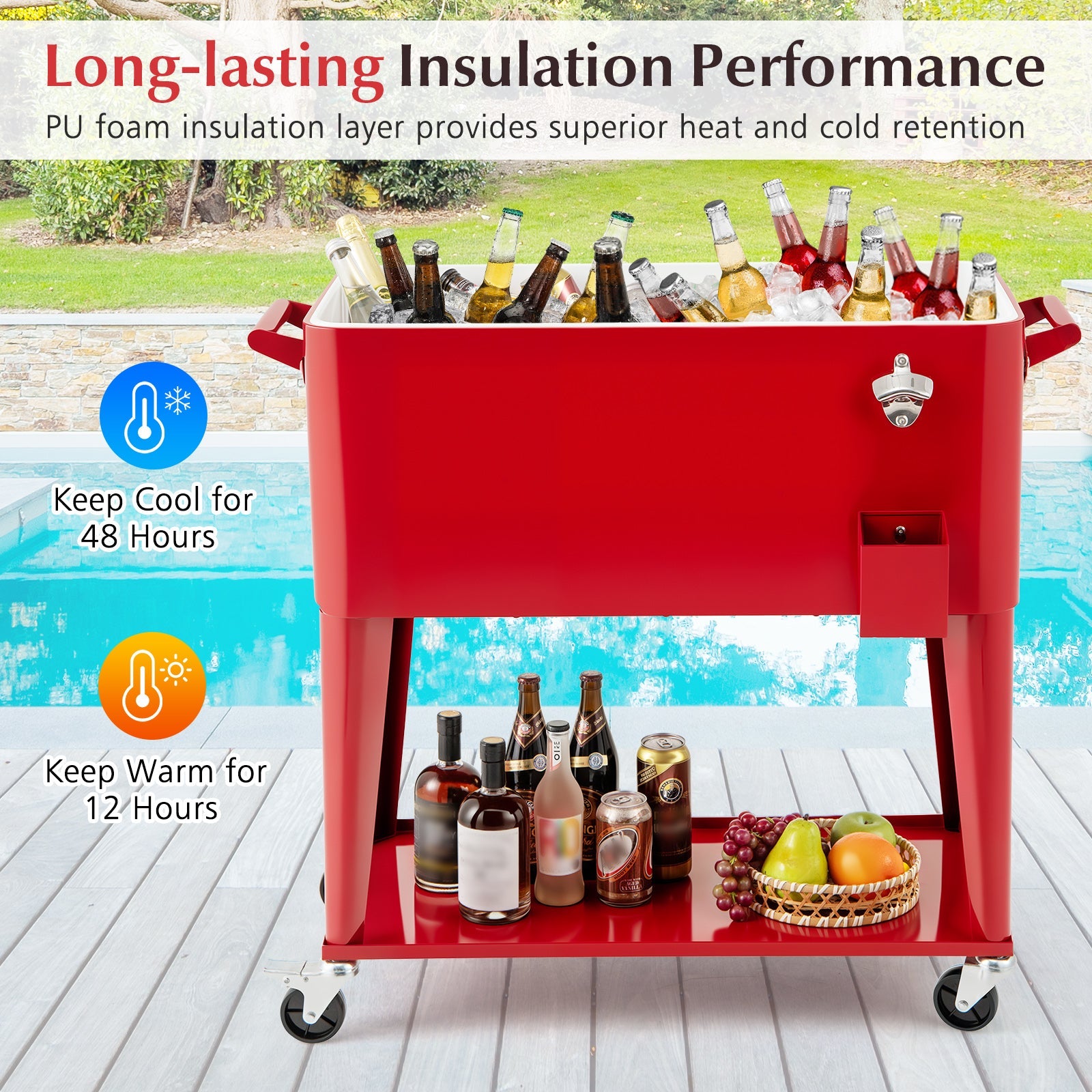 80-Quart Rolling Patio Cooler Cart with Wheels, Shelf and Bottle Opener
