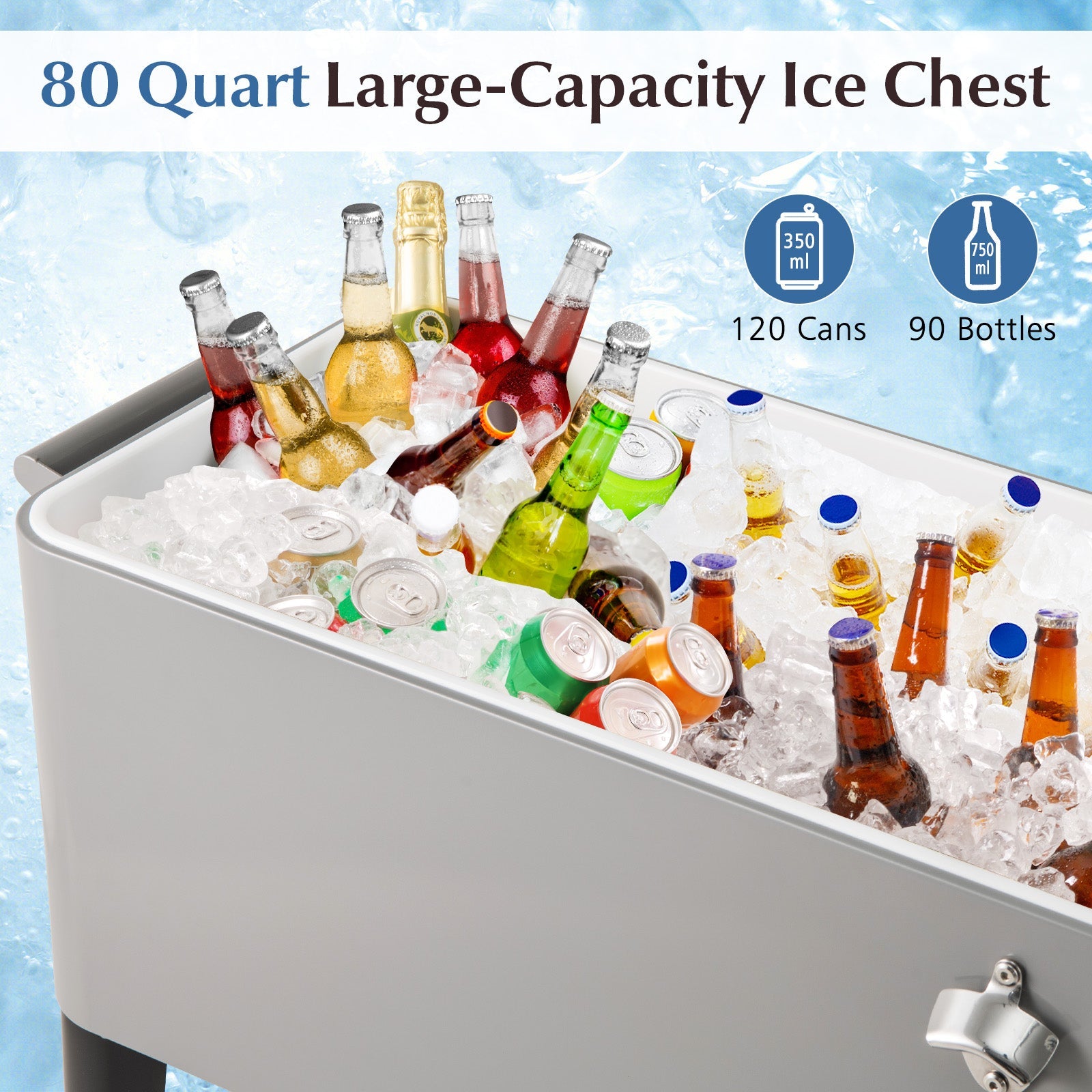 80-Quart Rolling Patio Cooler Cart with Wheels, Shelf and Bottle Opener