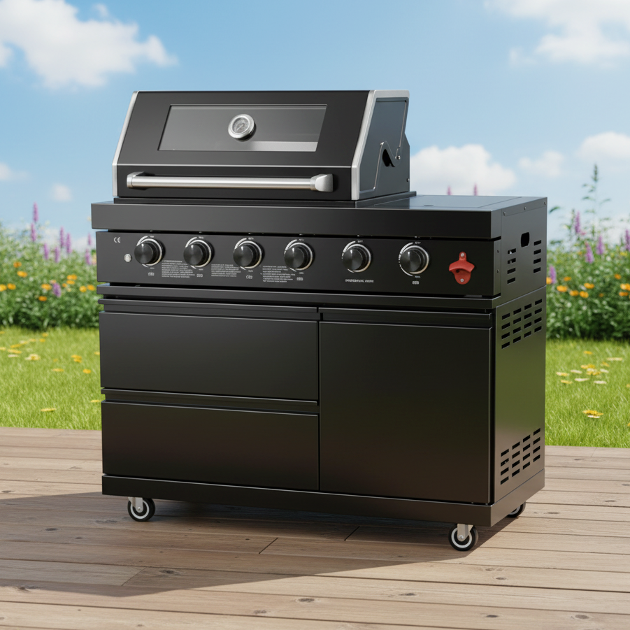 46" Four Burners Black Outdoor Kitchen Islands Grill + Side Burner