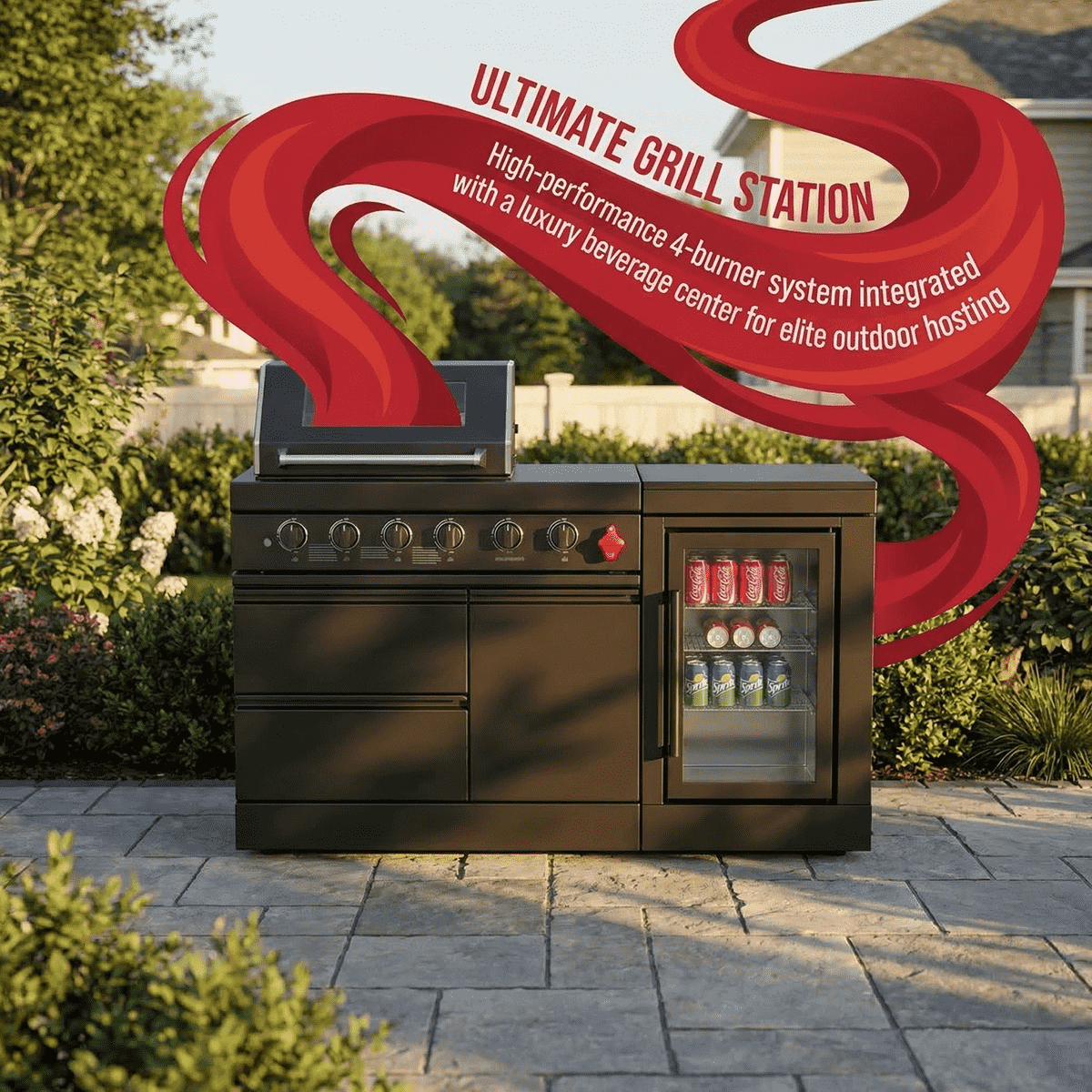65" 4-Burner 72,000 BTU Black Outdoor Kitchen Island Grill Marble Countertops Wine Cooler