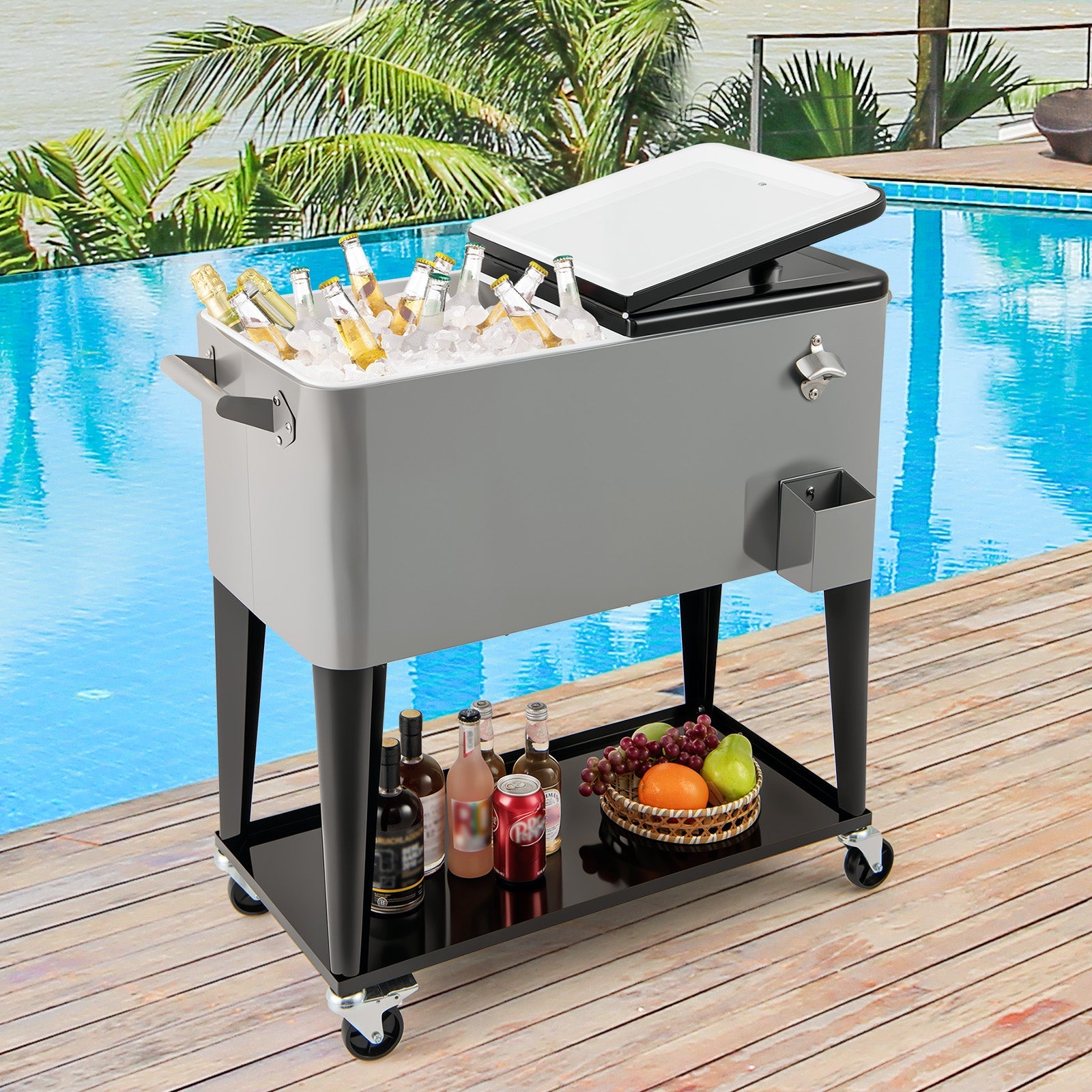 80-Quart Rolling Patio Cooler Cart with Wheels, Shelf and Bottle Opener