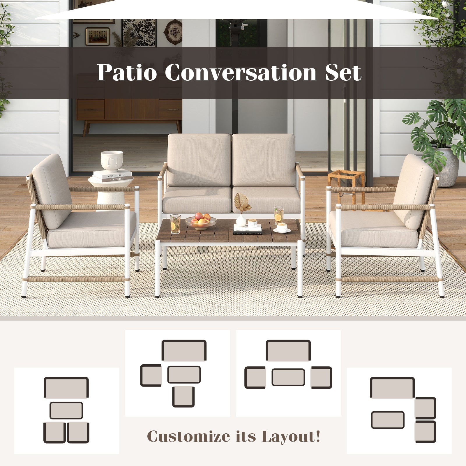 4-Piece Aluminum Patio Conversation Set with Loveseat, Chairs and Table