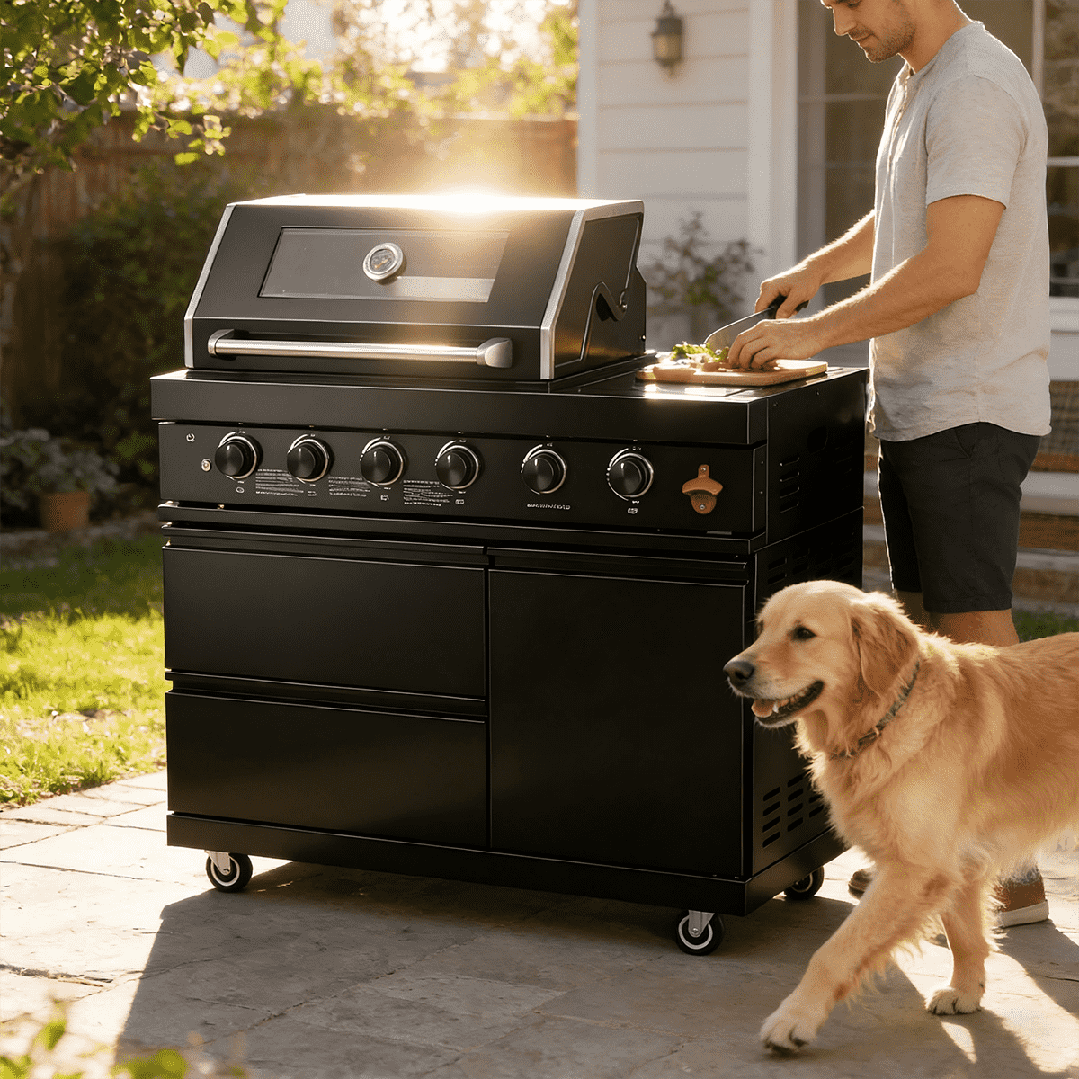 46" Four Burners Black Outdoor Kitchen Islands Grill + Side Burner