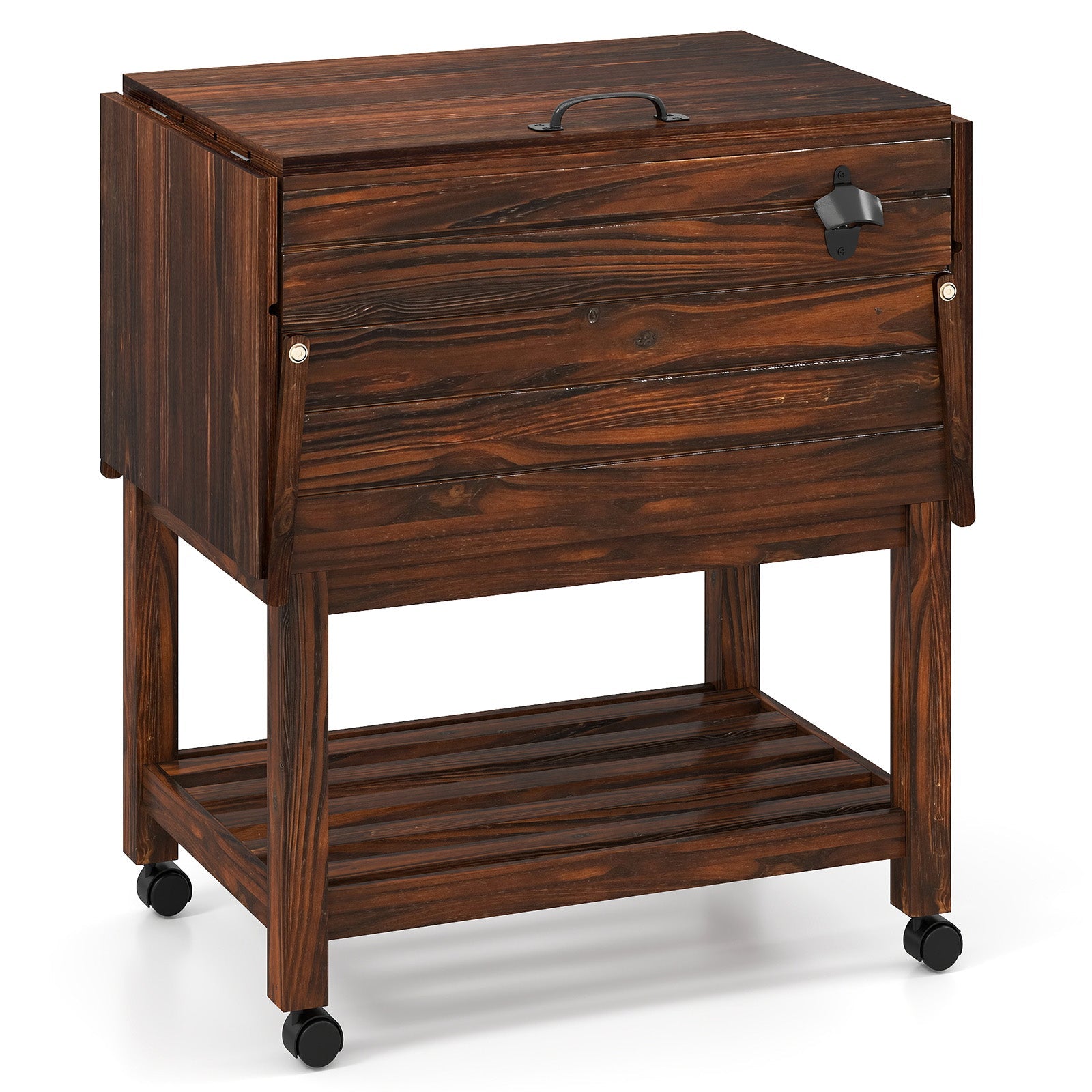 54-Quart Rolling Wooden Patio Cooler with Bottle Opener and Drainage Plug