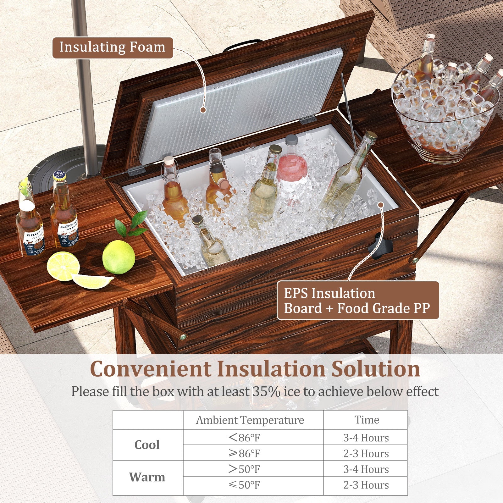54-Quart Rolling Wooden Patio Cooler with Bottle Opener and Drainage Plug