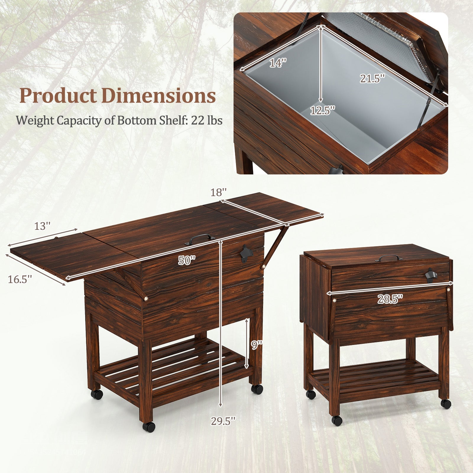 54-Quart Rolling Wooden Patio Cooler with Bottle Opener and Drainage Plug