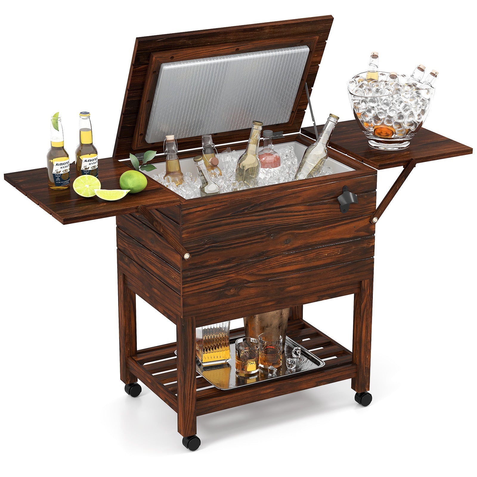 54-Quart Rolling Wooden Patio Cooler with Bottle Opener and Drainage Plug