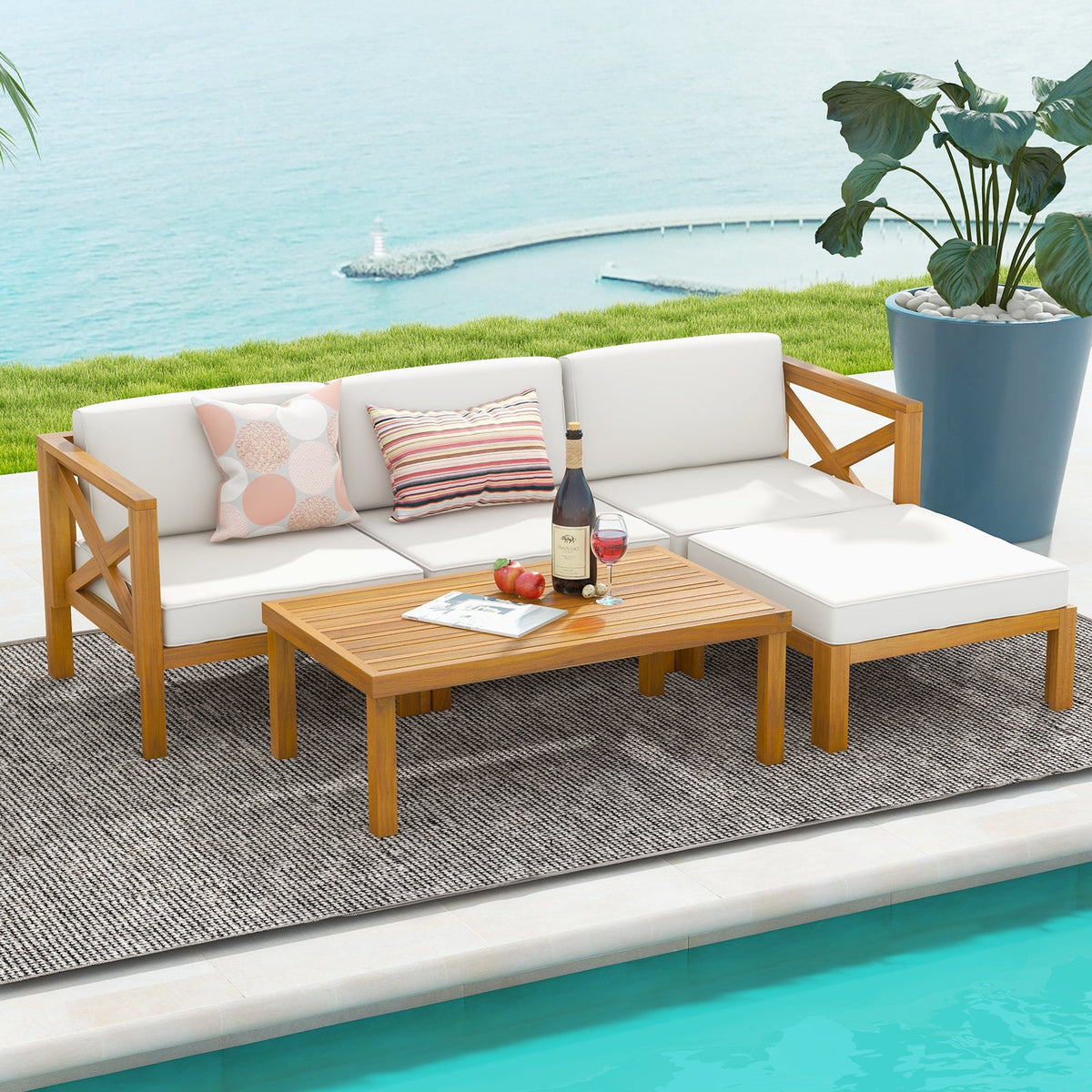 5-Piece White Outdoor Conversation Set with Ottoman & Coffee Table