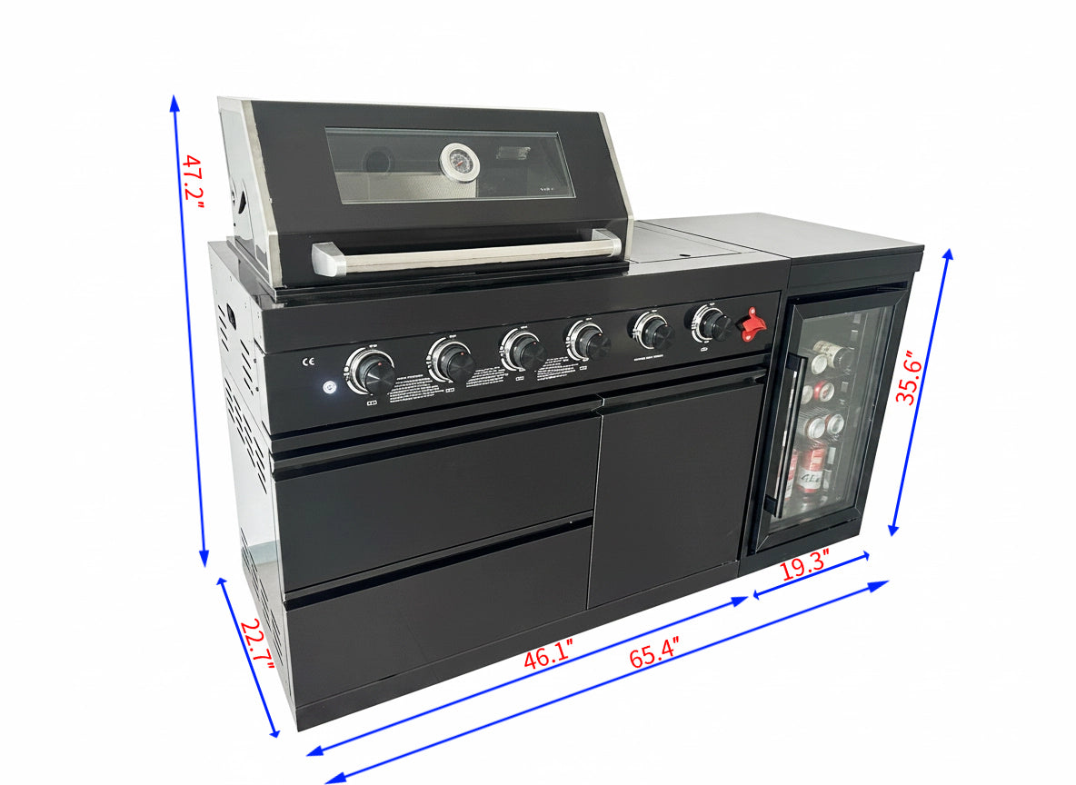 65" 4-Burner 72,000 BTU Black Outdoor Kitchen Island Grill Marble Countertops Wine Cooler