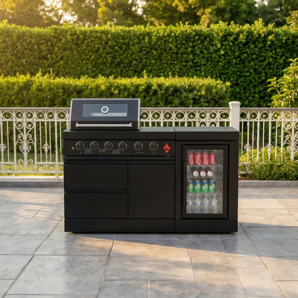 65" 4-Burner 72,000 BTU Black Outdoor Kitchen Island Grill Marble Countertops Wine Cooler