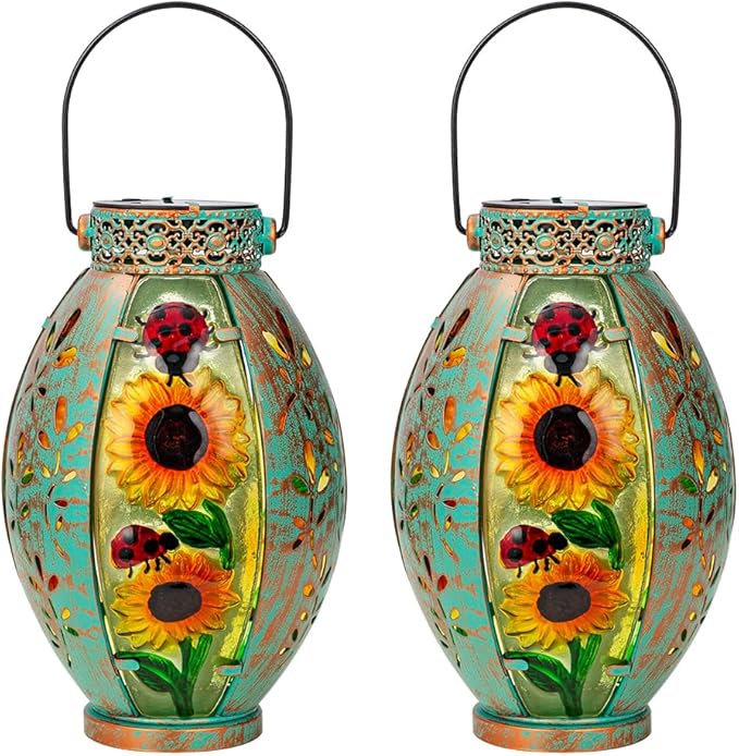 Sunflower & Lady Bugs Solar Lanterns, Set of 2