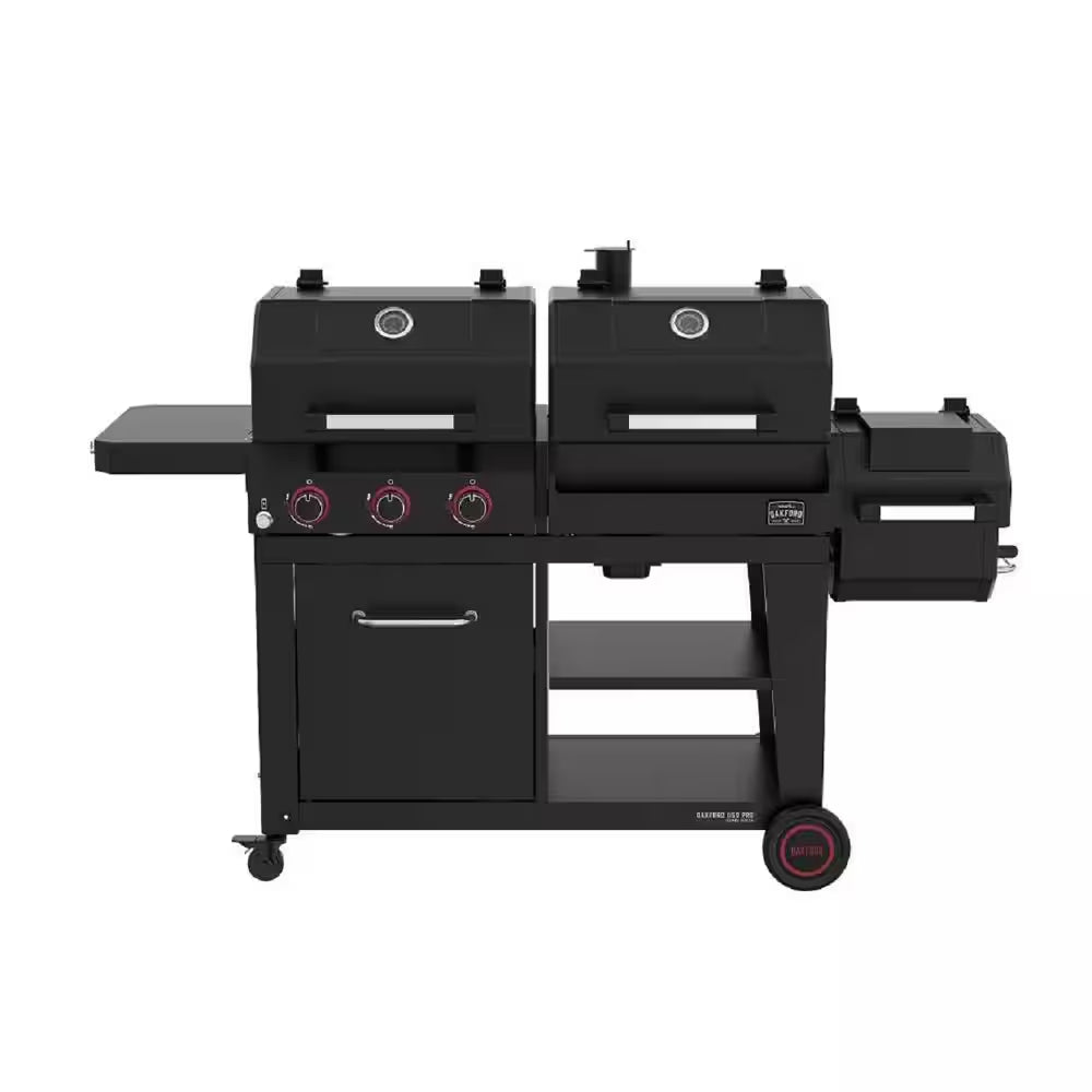 Oakford 1150 Pro 3-Burner Propane Gas and Offset Charcoal Smoker Combo Grill in Black
