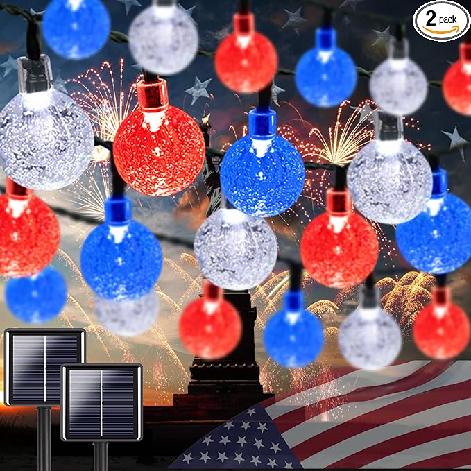 2-Pack Red White and Blue Crystal Globe Solar String Lights Outdoor, 64FT