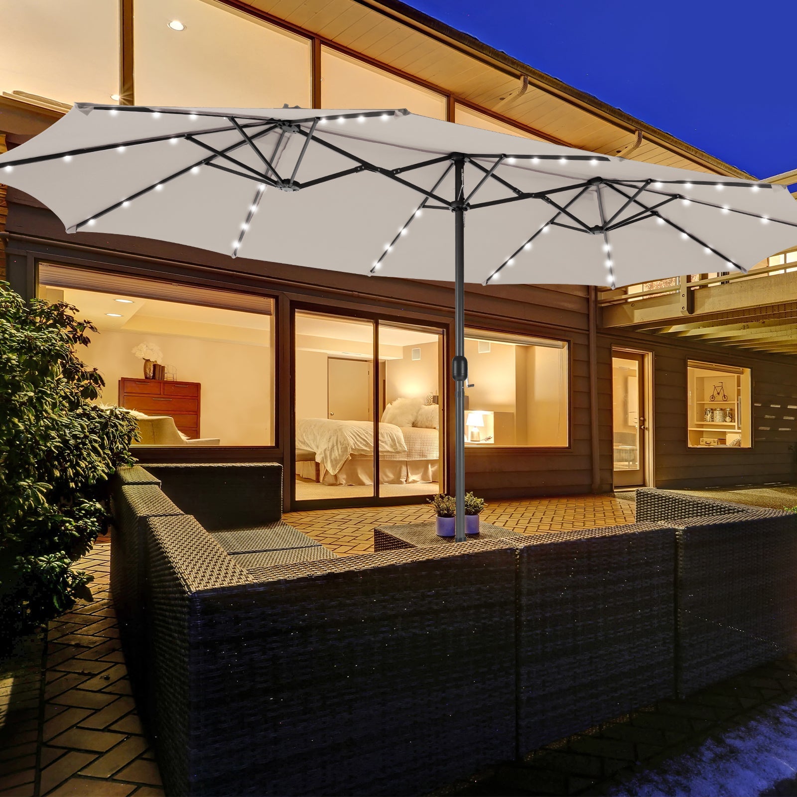 15 Feet Double-Sided Umbrella with 48 LED Lights-Beige