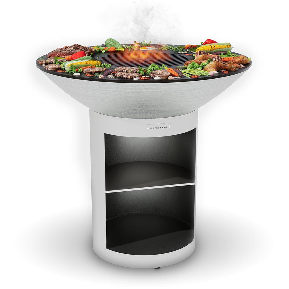 Arteflame 40ā³ Platinum Series ā Stainless Fire Bowl Flat-Top Grill with Storage Base