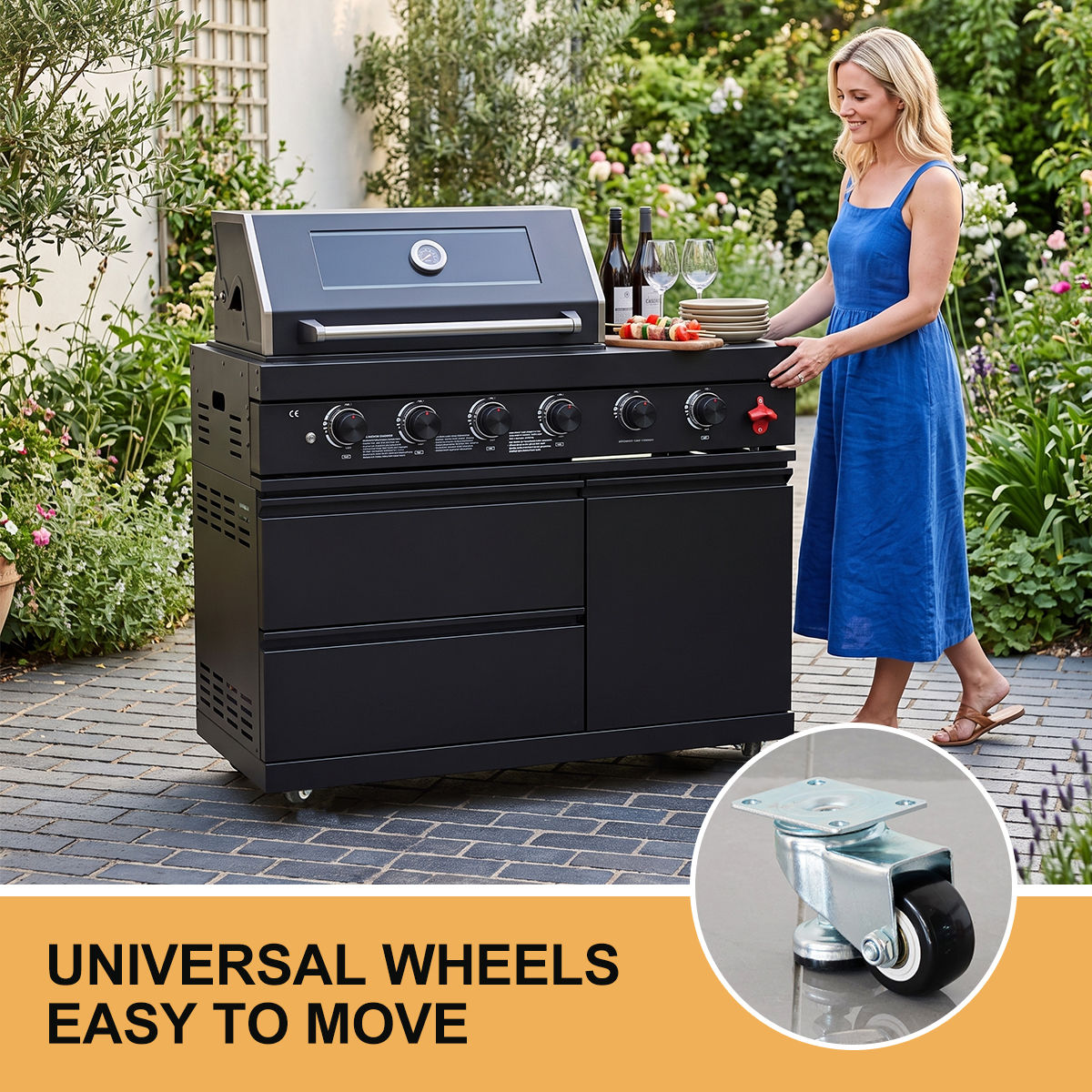 65" 4-Burner 72,000 BTU Black Outdoor Kitchen Island Grill Marble Countertops Wine Cooler