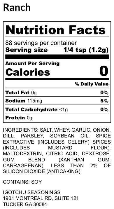 Ranch Seasoning Blend for Dips, Dressings, Chicken and Snacks, 3.6 oz