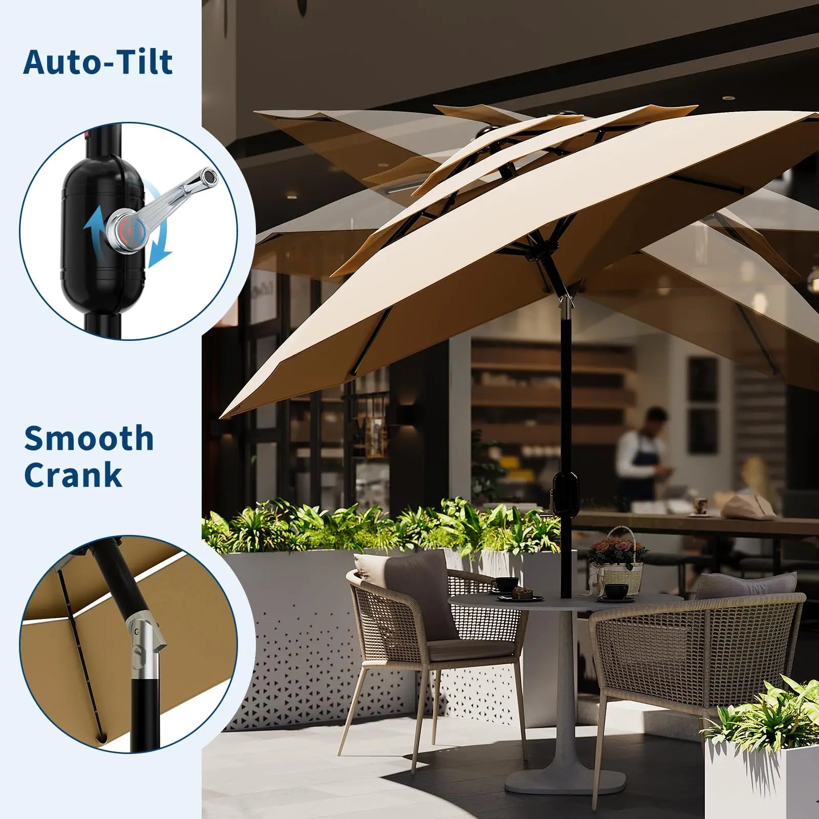 10-Foot 3-Tier Patio Umbrella with Crank Lift and Push-Button Tilt