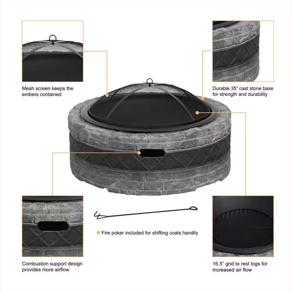 35 In. Outdoor Wood Burning Fire Pits, Cast Stone Fire Pit with Steel Mesh Spark Screen and Fire Poker