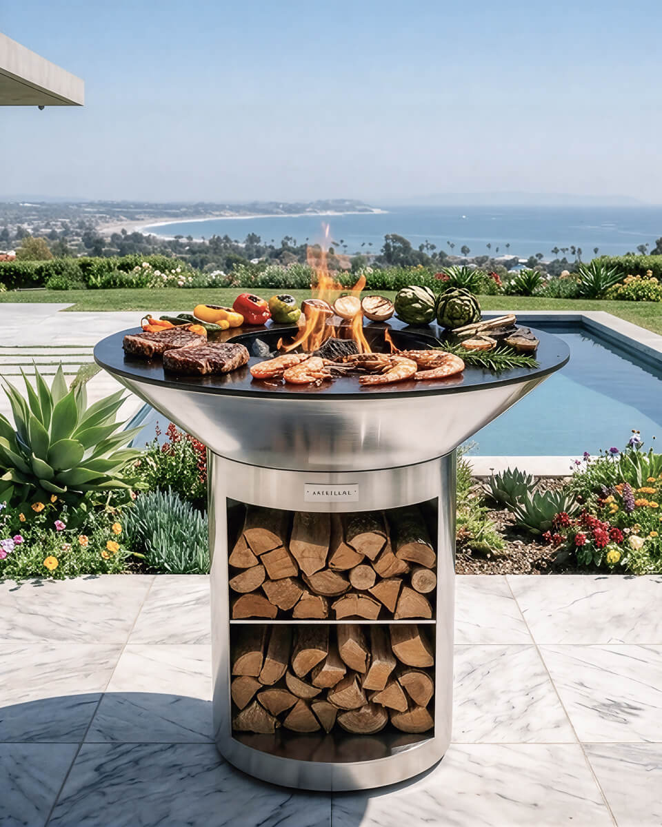 Arteflame 40ā³ Platinum Series ā Stainless Fire Bowl Flat-Top Grill with Storage Base