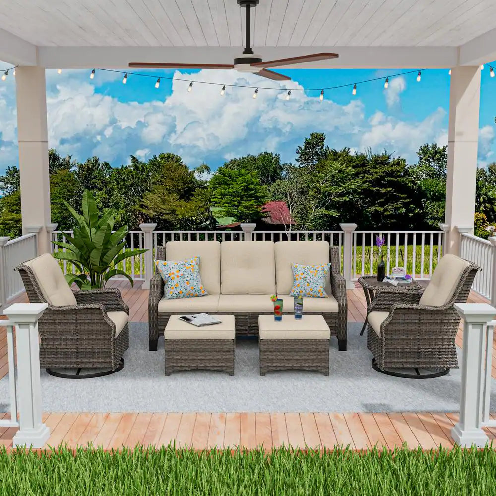6-Pieces Wicker Outdoor Patio Furniture Sets Set Rattan Chair Wicker Set with Beige Cushion