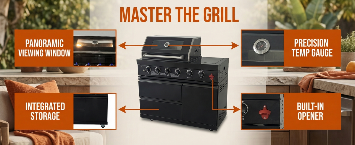46" Four Burners Black Outdoor Kitchen Islands Grill + Side Burner