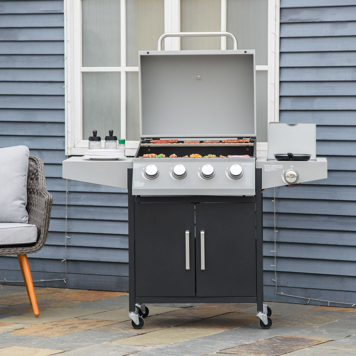 4-Burner Gas BBQ Grill with Side Burner & Storage Cabinet