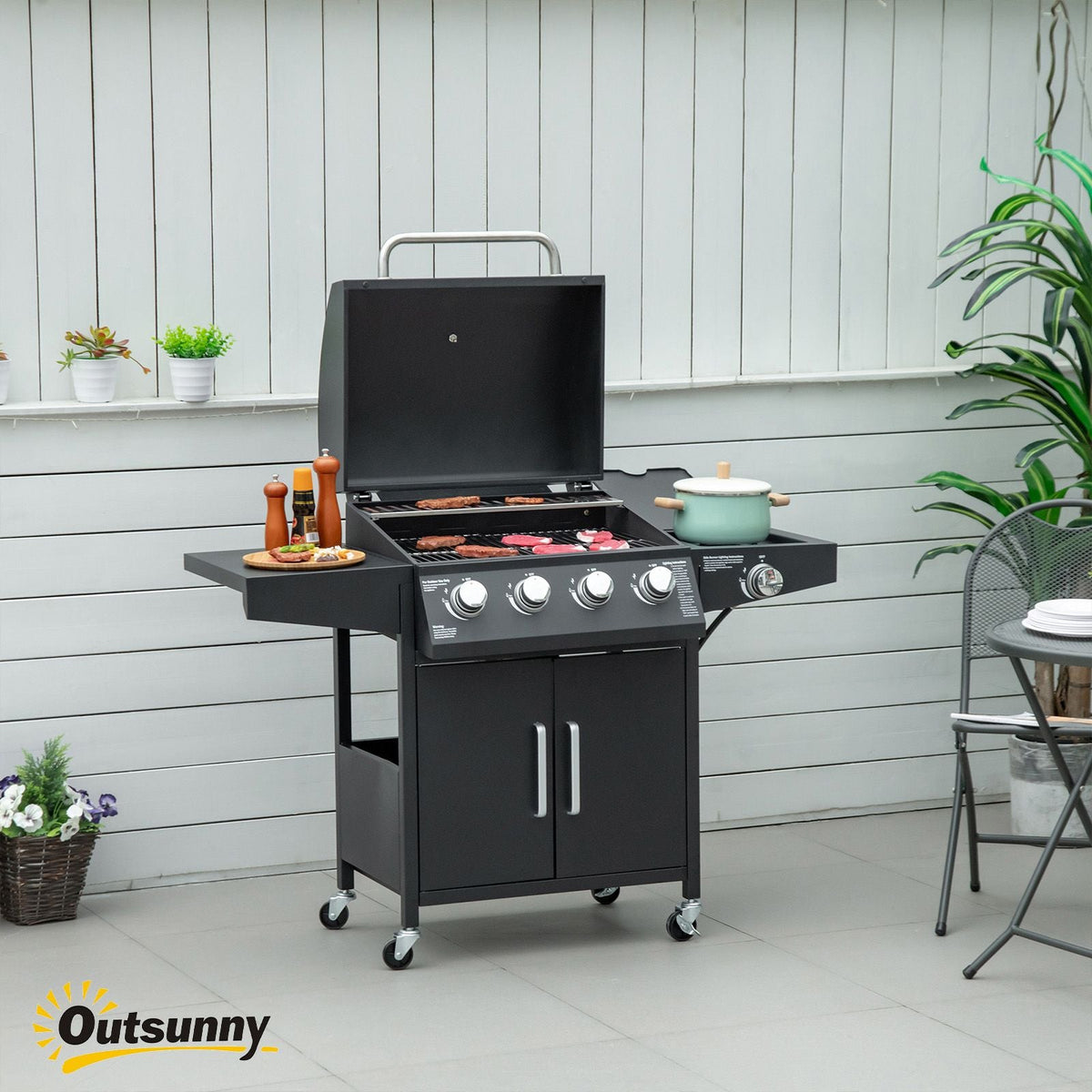 4-Burner Gas BBQ Grill with Side Burner – Black