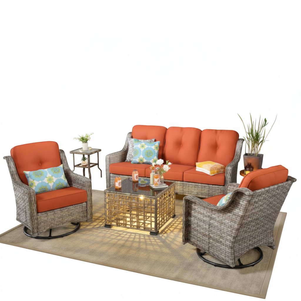 5-Piece Rattan Furniture Sets Set with Swivel Rocking Chairs