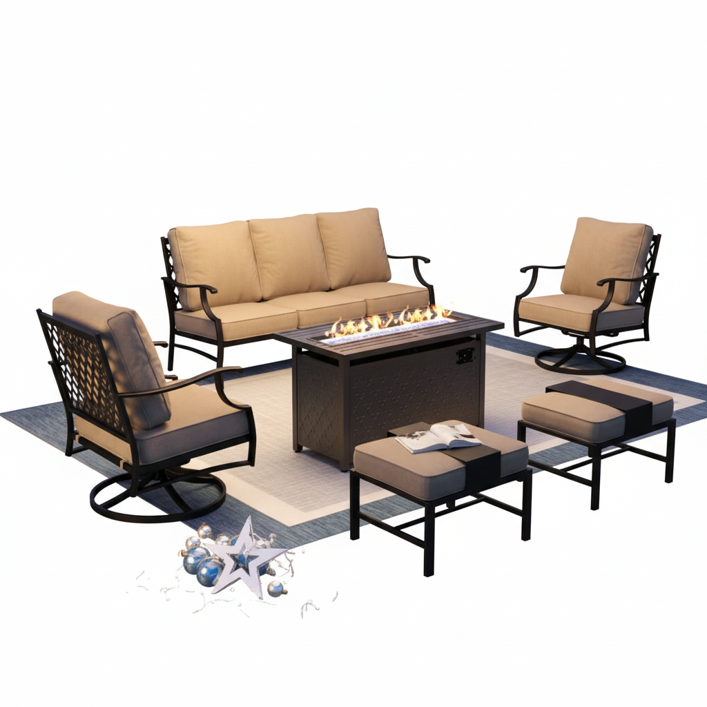 6-Piece Steel Patio Furniture Set with Fire Pit Table – Outdoor Seating for 7
