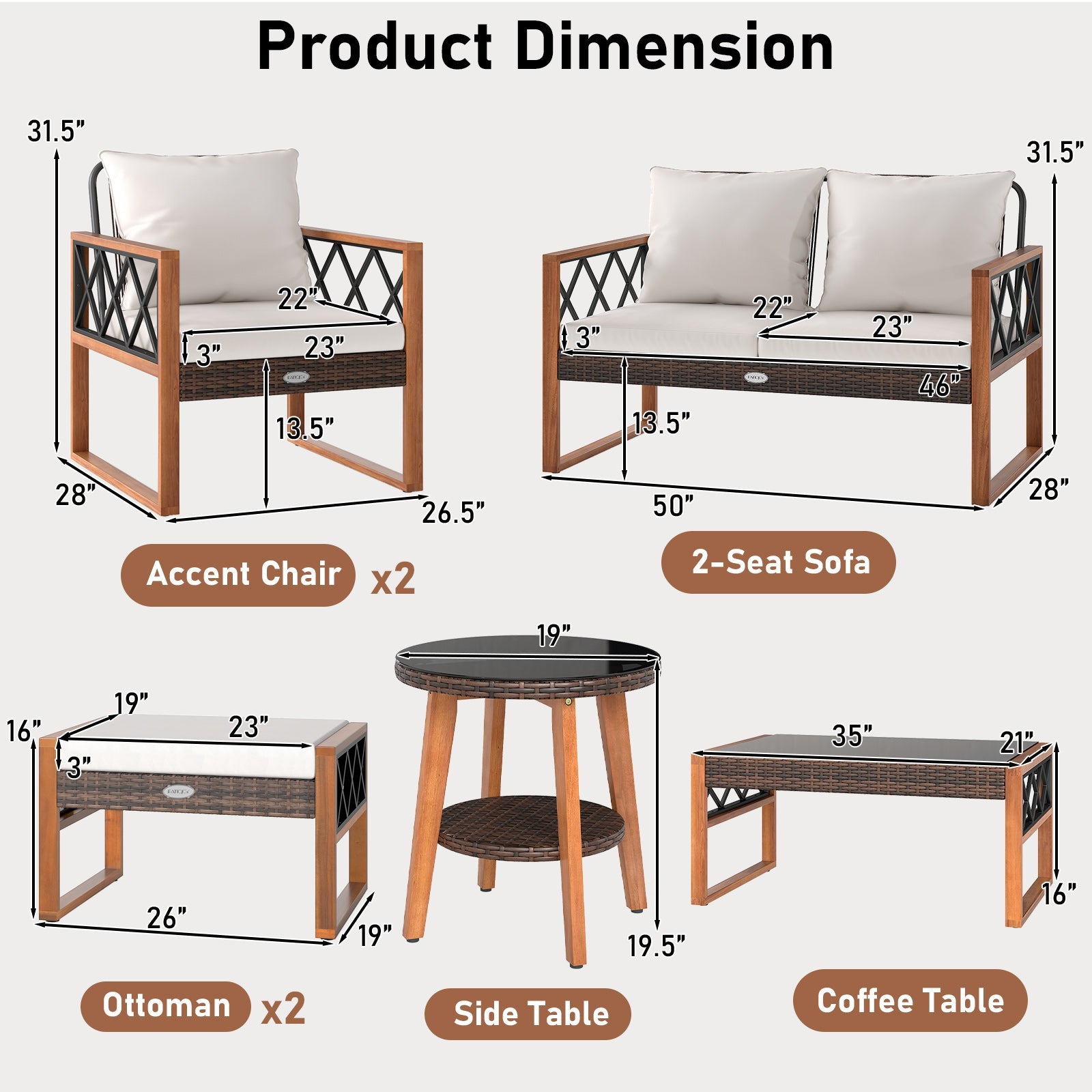 7-Piece Outdoor Patio Furniture Set with Ottomans and Tables