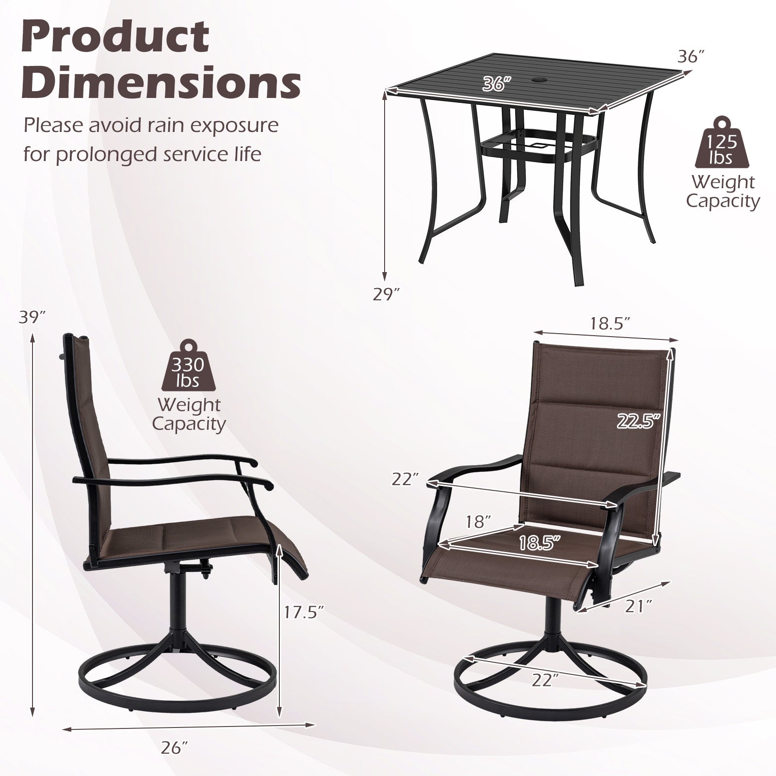 5-Piece Outdoor Dining Set with Swivel Rocking Chairs and 36-Inch Table