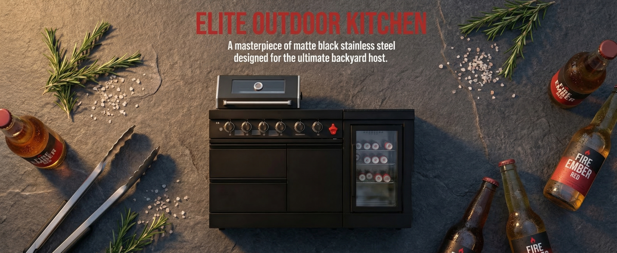 65" 4-Burner 72,000 BTU Black Outdoor Kitchen Island Grill Marble Countertops Wine Cooler