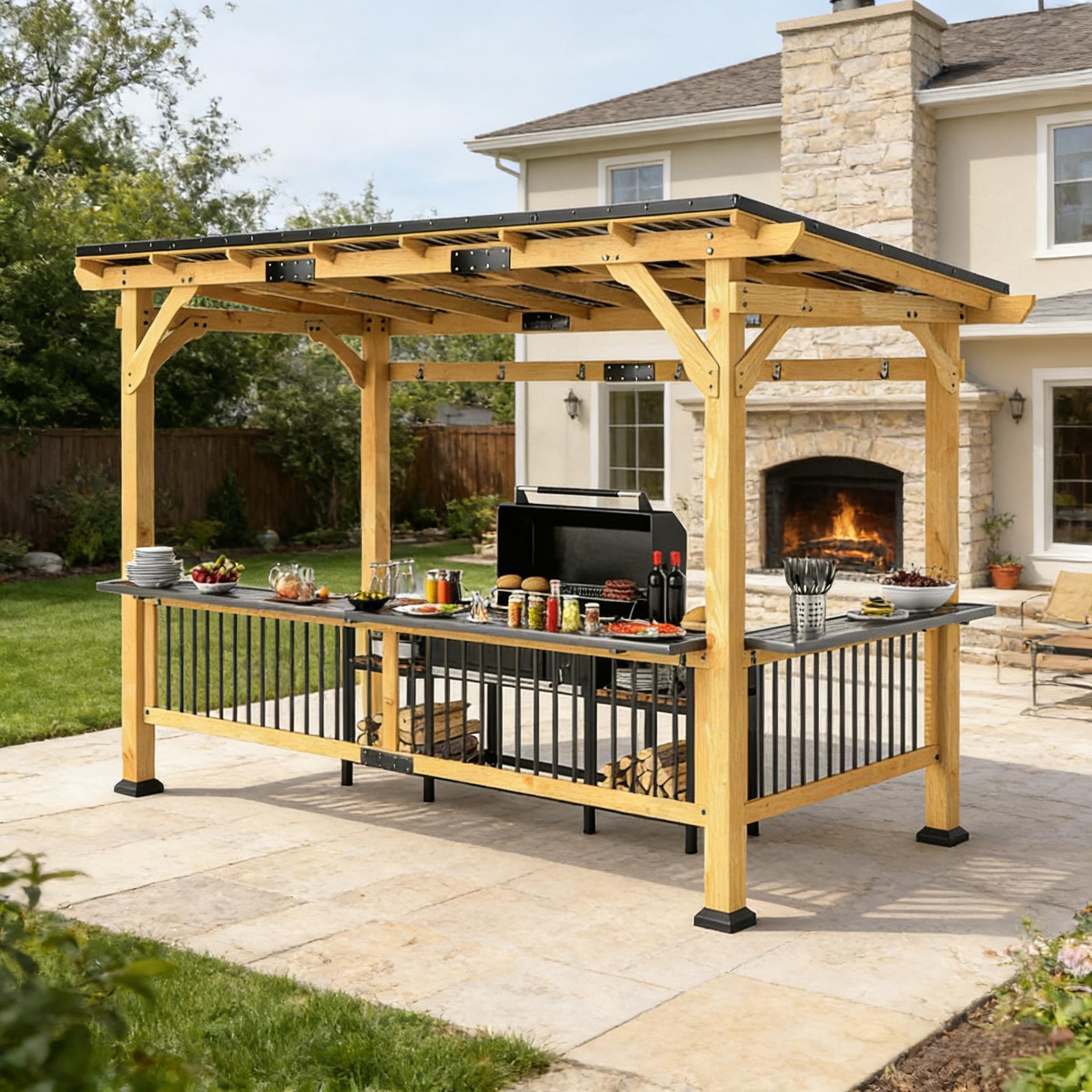 6' x 13' Wooden BBQ Grill Gazebo with Metal Hardtop and Side Shelves