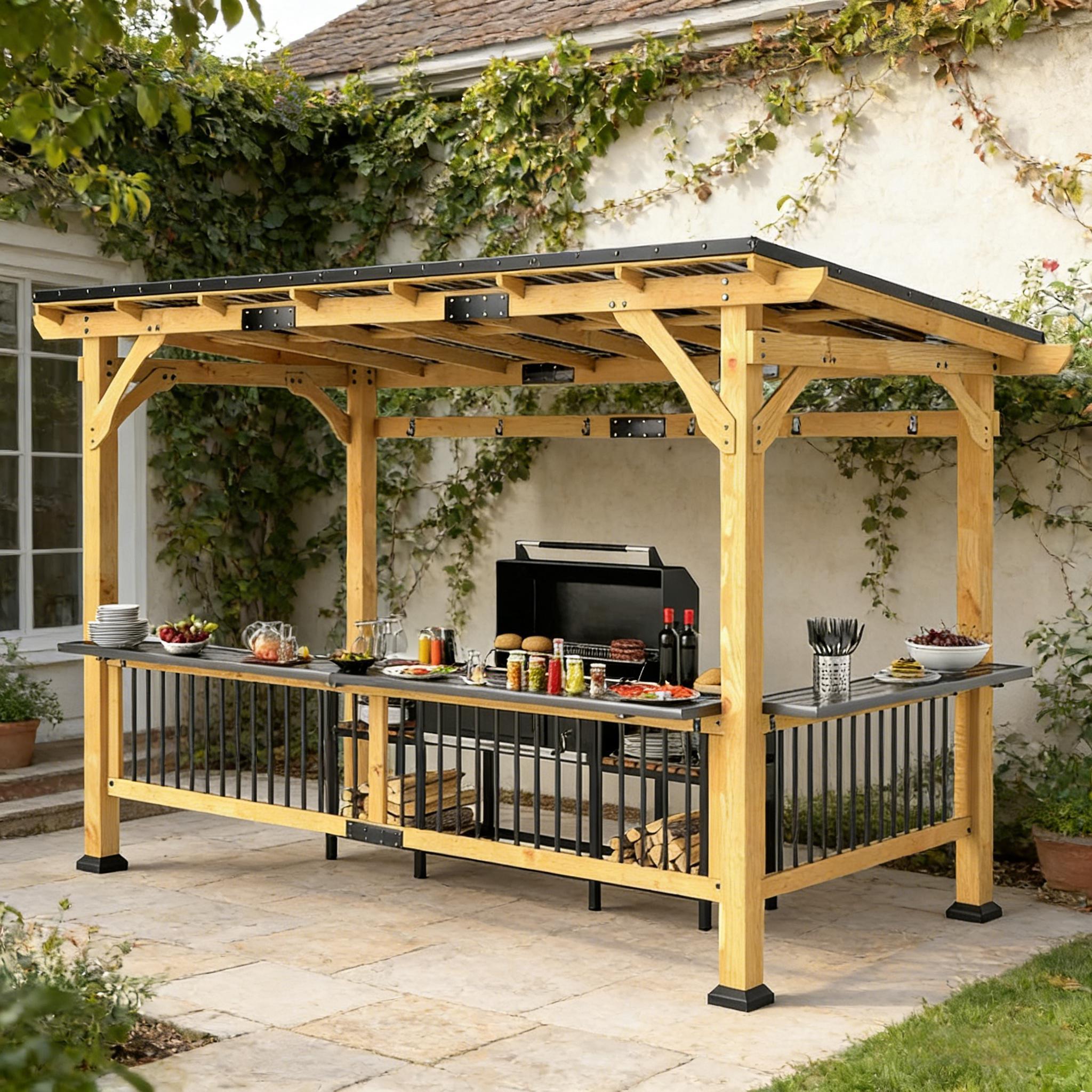 6' x 13' Wooden BBQ Grill Gazebo with Metal Hardtop and Side Shelves