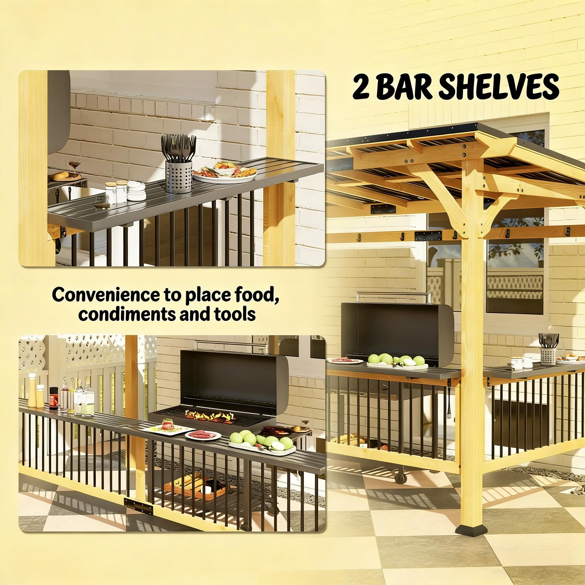 6' x 13' Wooden BBQ Grill Gazebo with Metal Hardtop and Side Shelves
