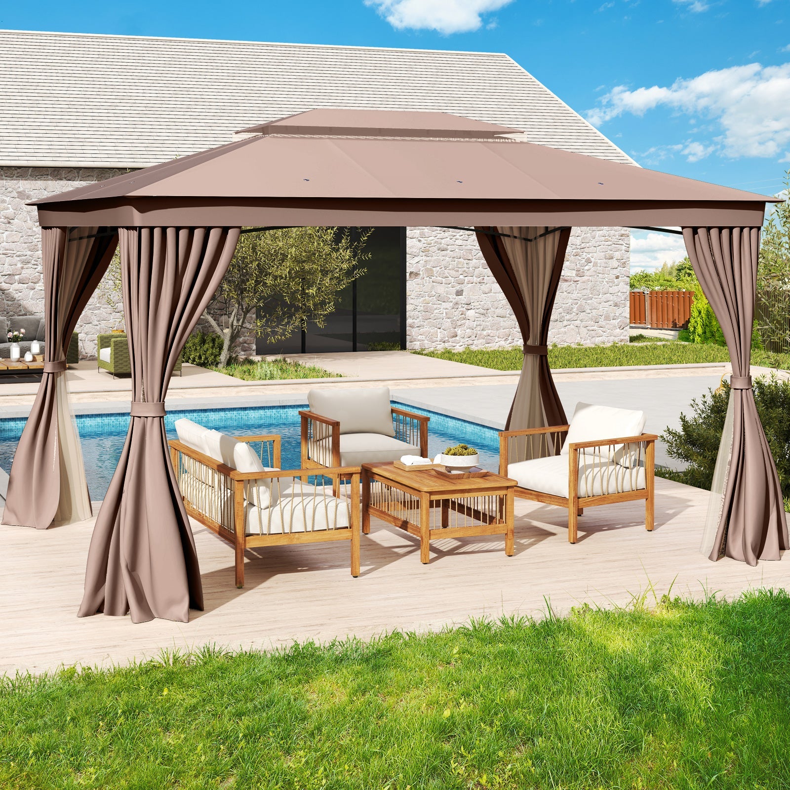 Double-Roof Outdoor Gazebo with Netting, Privacy Curtains and Ground Stakes