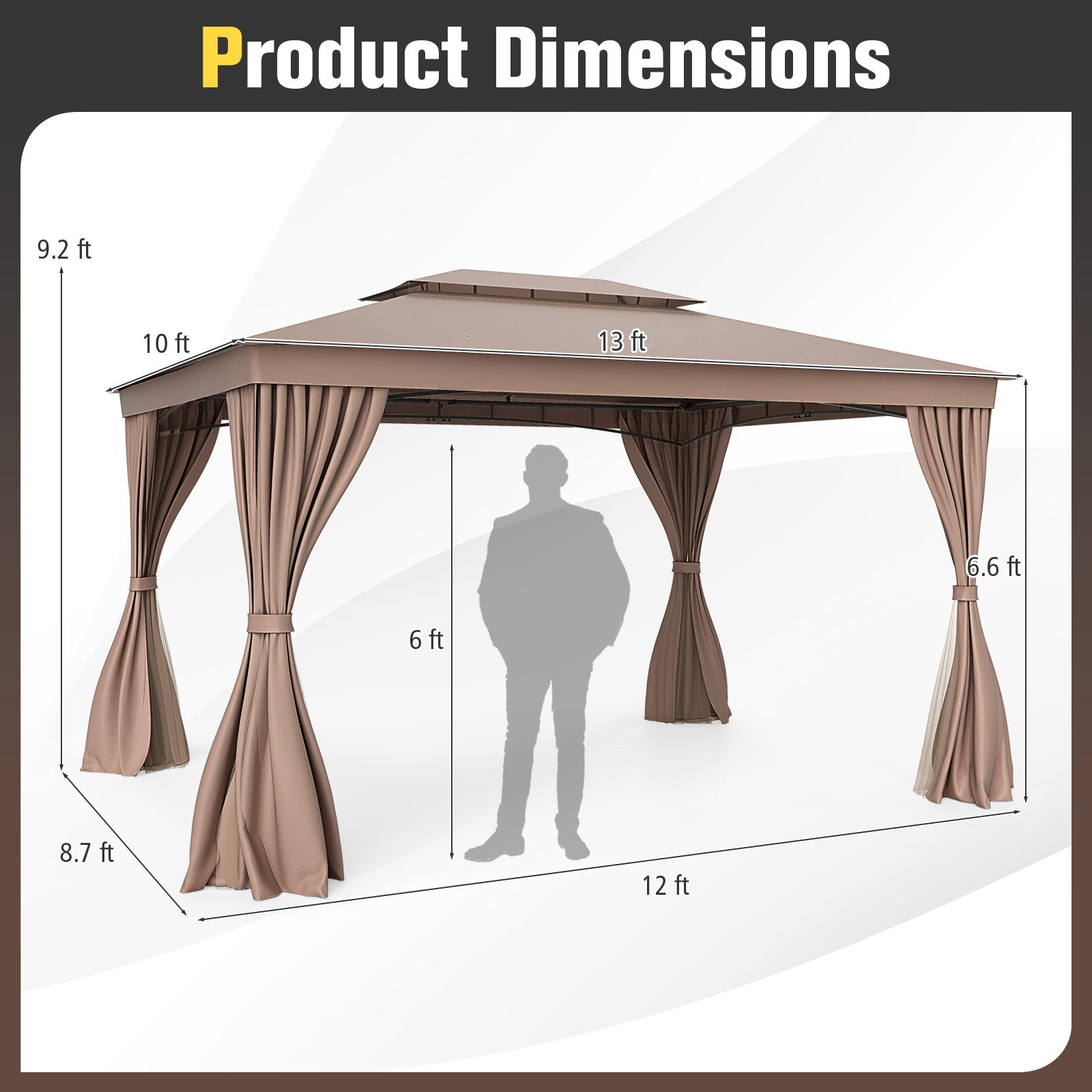 Double-Roof Outdoor Gazebo with Netting, Privacy Curtains and Ground Stakes