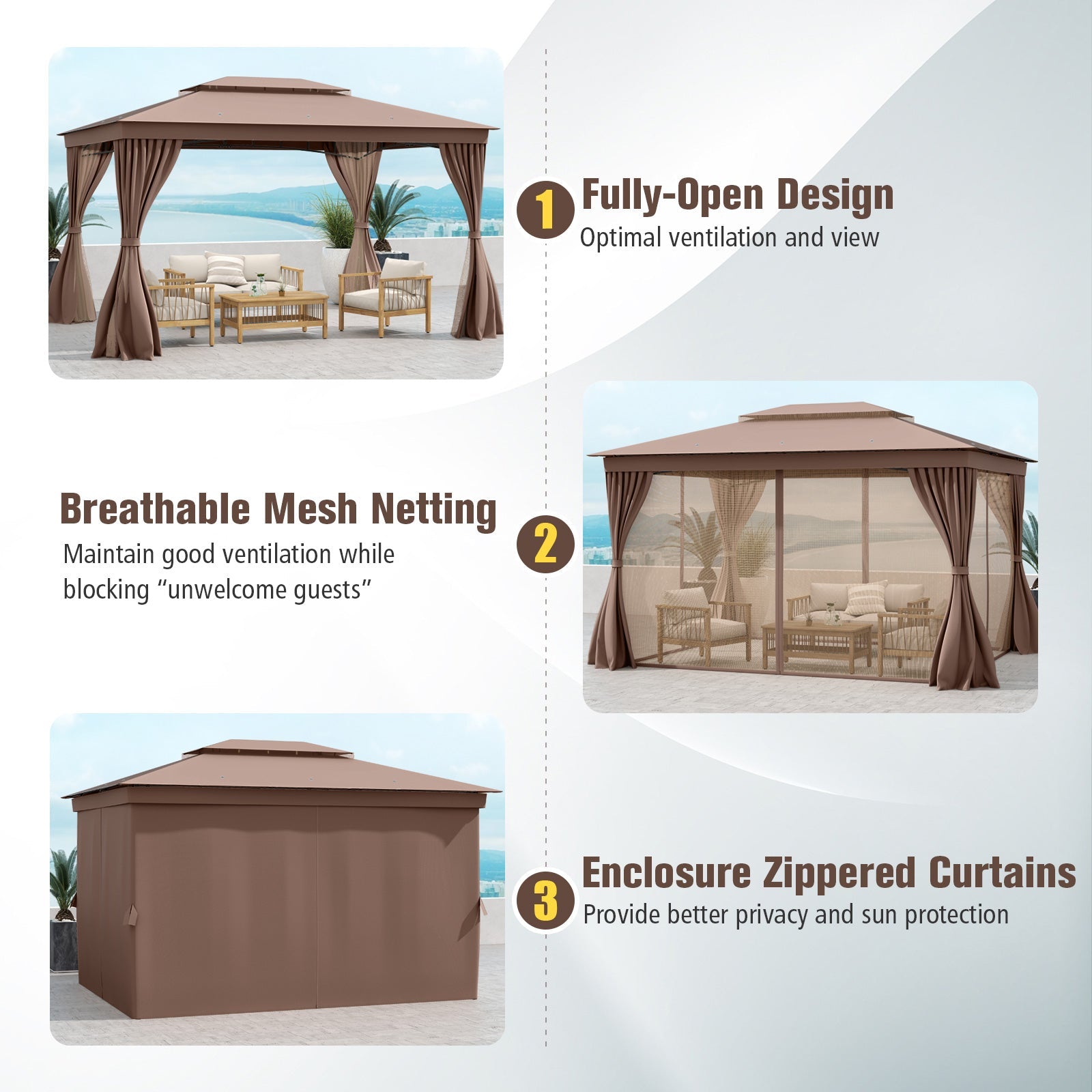 Double-Roof Outdoor Gazebo with Netting, Privacy Curtains and Ground Stakes