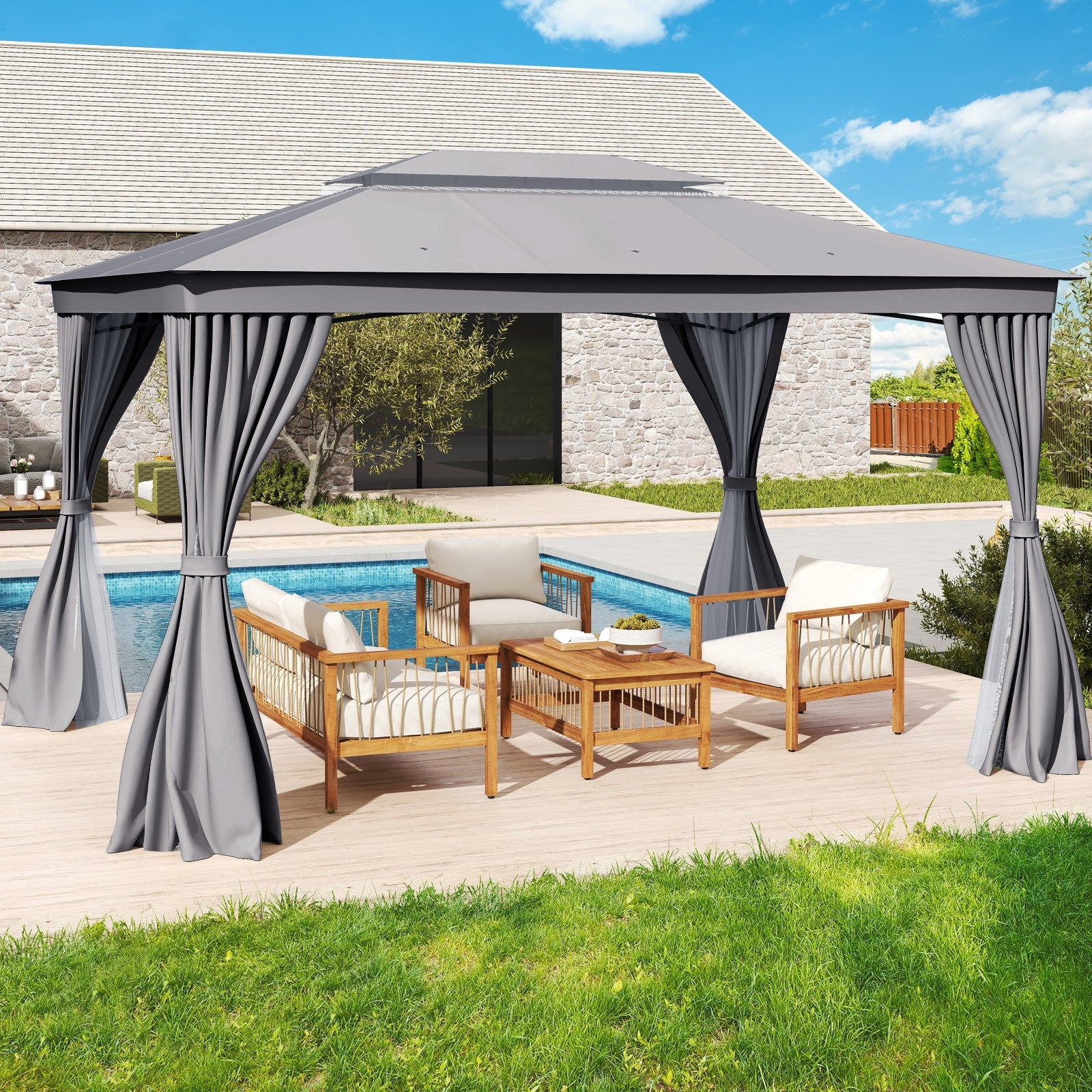 Double-Roof Outdoor Gazebo with Netting, Privacy Curtains and Ground Stakes