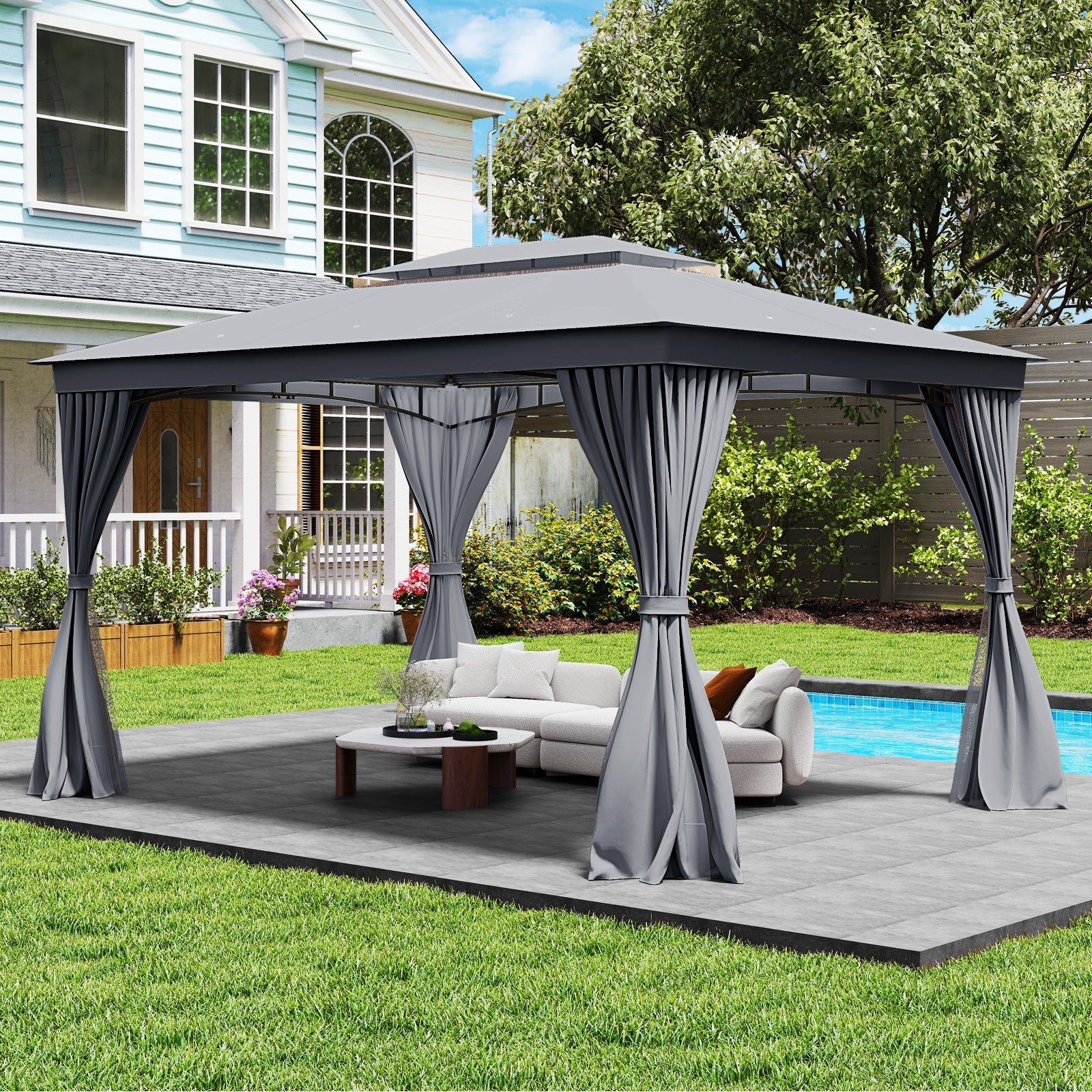 Double-Roof Outdoor Gazebo with Netting, Privacy Curtains and Ground Stakes