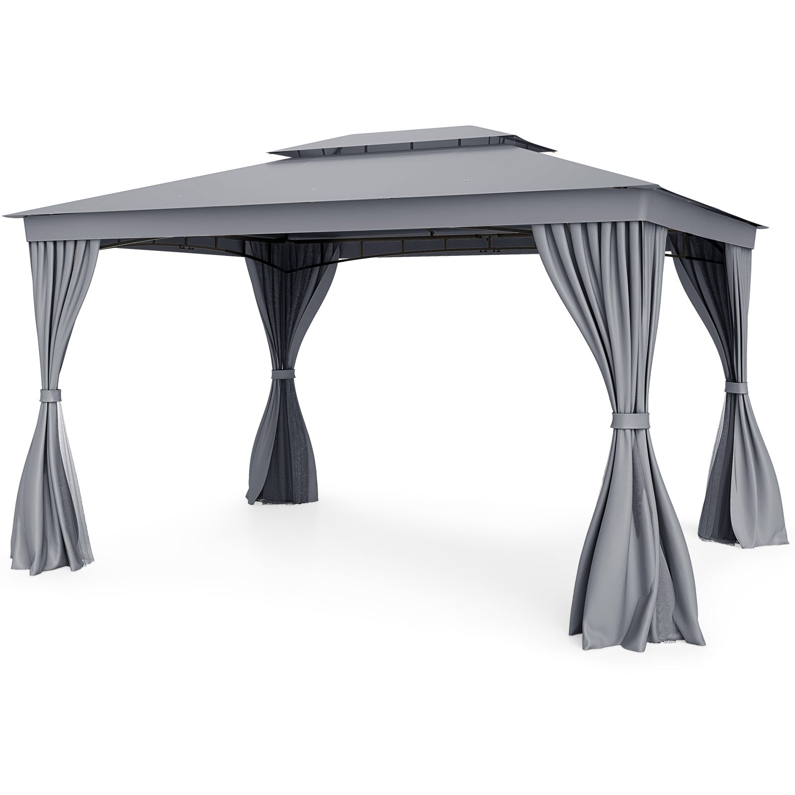 Double-Roof Outdoor Gazebo with Netting, Privacy Curtains and Ground Stakes